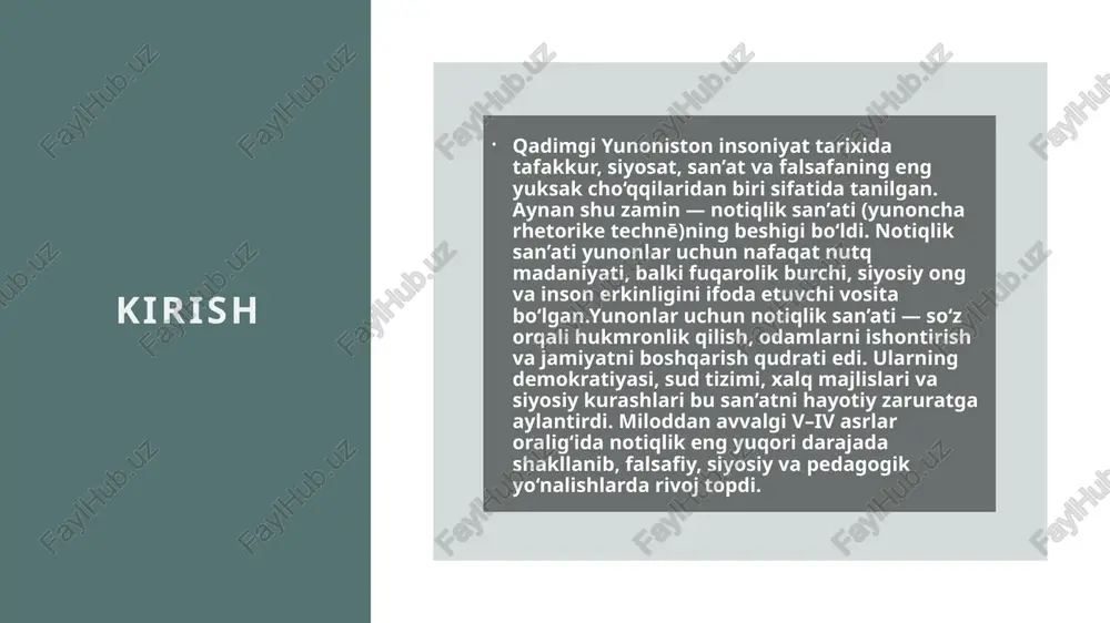 i tarbiyalash” edi. uning maevtika (“fikrni tug‘dirish san’ati”) usuli keyingi ritorikada tahlil, so‘rov va mantiqiy dalil usullarining asosini tashkil qildi. platon aflotun (platon) (427–347 mill.avv.) aflotun “gorgiy”, “fedr”, “sofist” dialoglarida notiqlikni axloqiy va falsafiy jihatdan tahlil qildi. u sofistik notiqlikni tanqid qilib, haqiqiy notiq bilim, axloq va haqiqatni uyg‘unlashtirgan shaxs bo‘lishi kerak, deb uqtirdi. uningcha, notiqlik – bu ruhni haqiqat sari yetaklovchi san’at. aflotun uchun so‘z – mas’uliyat, va har bir notiq o‘z nutqining ijtimoiy oqibatlarini anglamog‘i kerak. aristotel (384–322 mill.avv.) aristotel “rhetorika” asarida notiqlikni ilmiy fan darajasiga ko‘tardi. u notiqlikni dialektika bilan bir qatorda inson tafakkurining asosi deb qaradi. aristotel notiqlikning uch turini ajratdi: 1. sud notiqligi (genos dikonikon) – ayblov va himoya nutqlari; 2. siyosiy notiqlik (genos symbouleutikon) – xalq yig‘inlaridagi nutqlar; 3. ma’rifiy (epideiktik) – marosimlarda, tantanalarda so‘zlanadigan nutqlar. uning ethos – pathos – logos nazariyasi hozirgi psixologik kommunikatsiya asosida ham qo‘llaniladi: ethos – notiqning obro‘siga tayanish; …