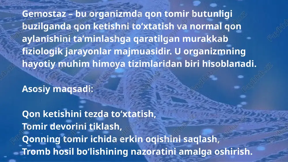 plazmin fermenti fibrinni parchalab, quyqani eritadi va qon oqimi tiklanadi. fiziologik ahamiyati — ortiqcha quyqani yo‘qotish, qonning suyuqligini saqlash va tromboz xavfini kamaytirishdir. xulosa gemostaz — bu organizmda qon tomirlari jarohatlanganda qon ketishni to‘xtatish va qonning suyuqligini saqlashni ta’minlaydigan murakkab fiziologik jarayon. u ketma-ket 4 bosqichda kechadi: tomir torayishi, birlamchi gemostaz (trombosit tiqini), ikkilamchi gemostaz (fibrinli qon quyqasi) va fibrinoliz (quyqani eritish). ushbu jarayonlarning muvozanatli ishlashi qon ketishni oldini oladi, ortiqcha ivishni cheklaydi va hayot uchun zarur bo‘lgan normal qon aylanishini ta’minlaydi. etiboringiz uchun raxmat image1.jpeg image2.png image3.jpeg image4.png image5.svg image6.png image7.svg image8.jpeg image9.jpeg image10.jpeg image11.png image12.svg image13.jpeg image14.jpeg image15.jpeg image16.jpeg image17.jpeg image18.jpeg