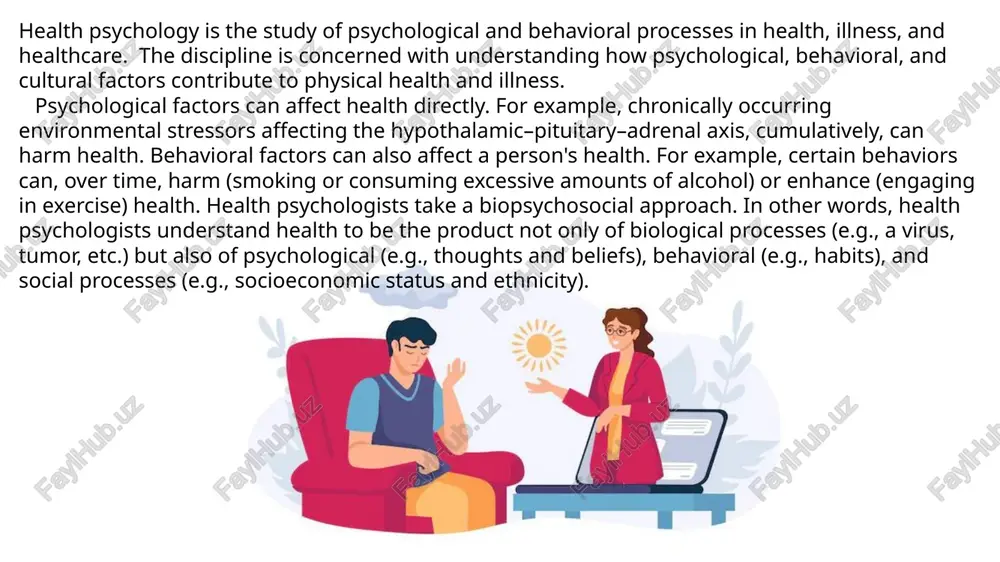 beginnings can be traced to the field of clinical psychology, four different divisions within health psychology and one related field, occupational health psychology have developed over time. the four divisions include clinical health psychology, public health psychology, community health psychology, and critical health psychology. professional organizations for the field of health psychology include division 38 of the american psychological association (apa), the division of health psychology of the british psychological society (bpst), he european health psychology society, and the college of health psychologists of the australian psychological society (aps). advanced credentialing in the us as a clinical health psychologist is provided through the american board of professional psychology uning dastlabki boshlanishini klinik psixologiya sohasida kuzatish mumkin bo'lsa-da, sog'liqni saqlash psixologiyasining to'rt xil bo'linmasi va bitta tegishli soha, kasbiy salomatlik psixologiyasi vaqt o‘tishi bilan rivojlangan. to'rt bo'limga klinik salomatlik psixologiyasi, jamoat salomatligi psixologiyasi, jamoat salomatligi psixologiyasi va tanqidiy salomatlik psixologiyasi kiradi. …