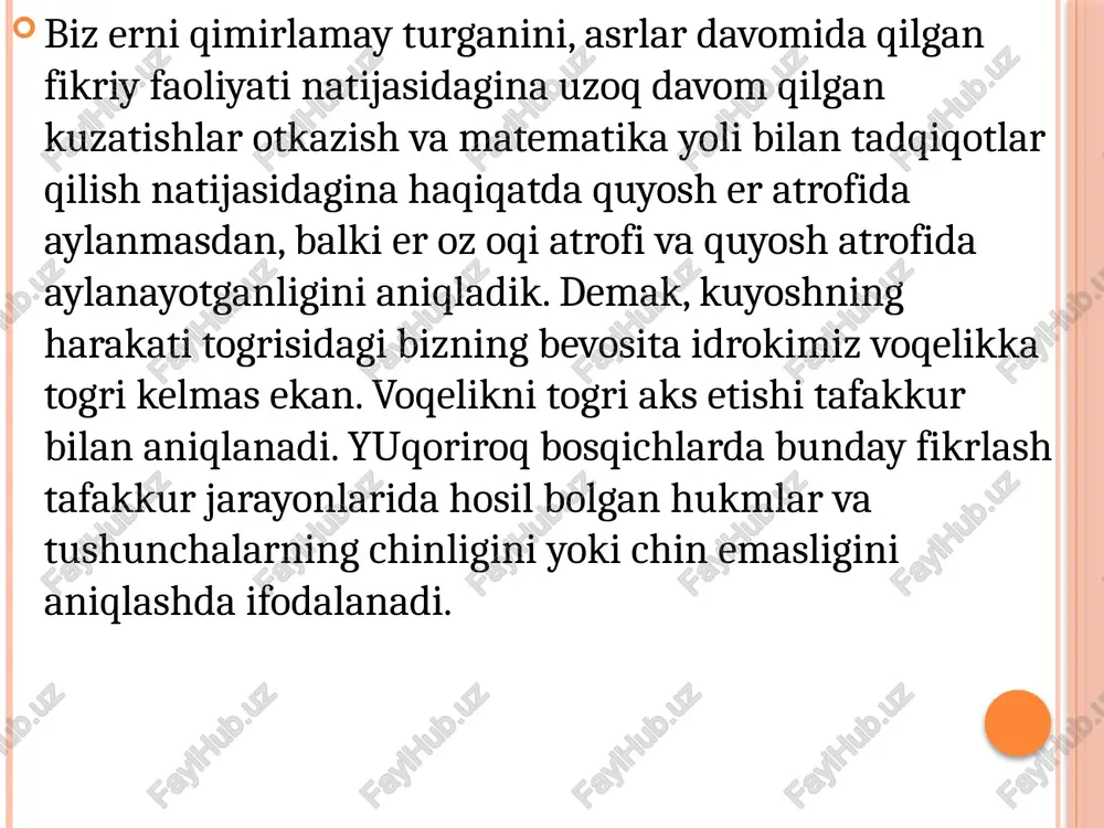 liyati muayyan maqsadga qaratilgan alohida ong jarayoni tariqasida sodir boladi. bosh miyaning biror uchastkasidagi faoliyat emas, balki butun bosh miya postining faoliyati mana shu jarayonning nerv - fiziologik asosidir. tafakkur faoliyati uchun avvalo analizatorning miyadagi uchlari ortasida vujudga keladigan murakkab boglanishlar muhim ahamiyatga egadir. analizatorning bosh miya postidagi uchastkalari bir - biridan keskin ajralgan holda emas, balki bir - biriga tutashib, bir - biri bilan chambarchas boglanib ketganligi sababli mazkur boglanishlarning vujudga kelishi osonlashadi. ikkinchi signal tizimida muvaqqat boglanishlar vujudga kelishi, yuqorida aytib otilganidek, tafakkurning maxsus nerv -fiziologik mexanizmlaridir. bunda ikkinchi signal tizimining boglanishlari birinchi signal tizimidagi bog`lanishlarga tayanadi. i.p.pavlov ikkinchi signal tizimining ishi hamisha birinchi signal tizimi bilan ozaro otkazish jarayonida hozir boladi, deb takidlagan. ikkinchi signal tizimi asosida, birinchi signal bilan ozaro tasir qilish jarayonida “dastlab umuminsoniy empirizm”ni va nihoyat odamning oz tevaragida olamni va uning ozini bilish uchun oliy qurol bolgan fanni yaratuvchi maxsus insoniy, oliy tafakkur …