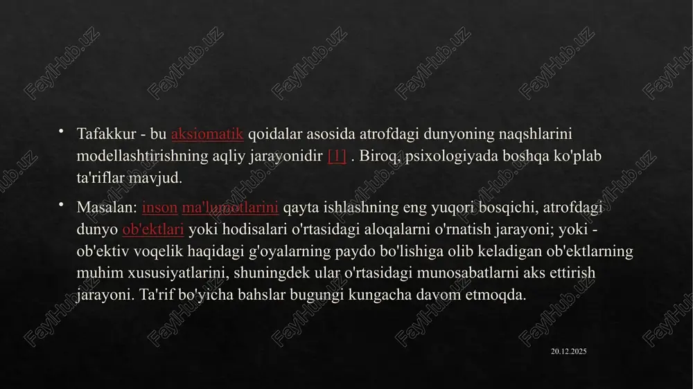 roq umumiydan yanada umumiyga; yagona umumiy holatdan yanada umumiyroqqa. fikrlash jarayoni aslida ma’lum bir masala, muammo, jumboqni hal qilish kerak bo‘lganda paydo bo‘ladi. fikrlash doimo bir narsa xususida kamida bitta yechimni berishi shart, aks xolda u boshqa jarayonga - hayol, fantaziyaga aylanib ketishi mumkin. fikr, g‘oya, aniq yechim bo‘lmaganda, inson miyasining borliqdagi narsa va hodisalar mohiyatini aks ettirishi hayol deb ataladi. shuning uchun ham do‘stlar davrasida ba’zan muammo xususida tortishuv bo‘lib qolganda, aniq bilimi yoki g‘oyasi yo‘qligi tufayli kallasiga kelgan narsani aytgan bolaga qarab «juda olib qochishga ustasan-da, hayolparast» deyishadi. 18.04.2023 psixologlarning fikricha, har qanday masalani yechish mobaynida odam uning shartlarini bir necha variantlarda tasavvur qilsagina yechimga kelarkan. agar idrok bilan bog‘laydigan bo‘lsak, figura fonga, fon esa figuraga aylanadi, ularning o‘rinlari almashadi va hakozo. bundagi individual farq shundaki, ba’zi bolalar yechimga to‘g‘ridan-to‘g‘ri figura asosida keladi, boshqalar esa bir necha yechimning variantlarini ko‘zoldiga keltirib, so‘ngbir qarorga keladi. kimdir juda tez fikrlaydi, …