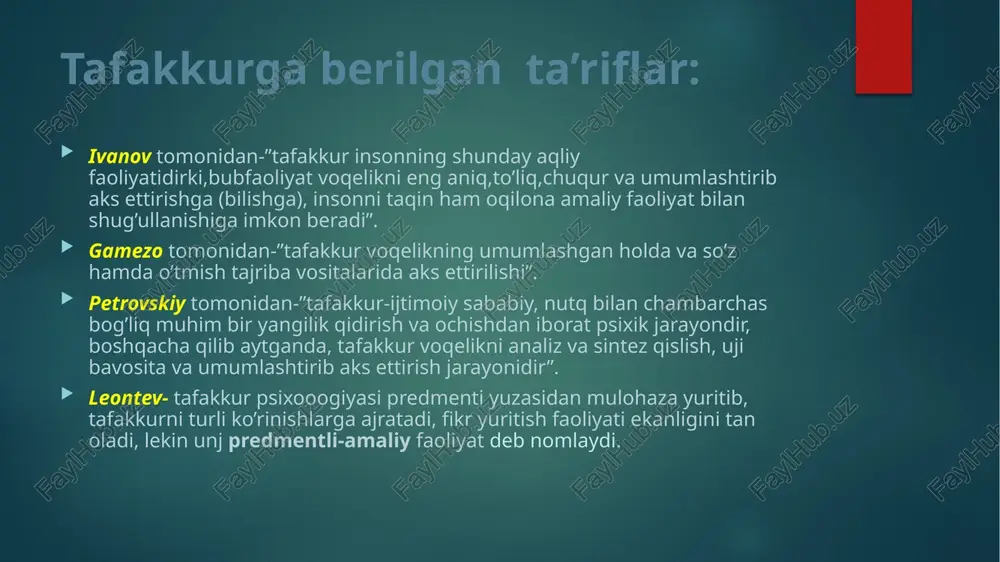 ikran ajratib olinsa, umumlashtirishda esa ajratib olingan o’xshash, umumiy va muhim belgilarga suyangan holda narsa va hodisalar birlashtiriladi. konkretlashtirish-hodisalarni ichki bog’lanish va munosabatlardan qat’iy nazar bir tomonlama ta’kidlashdan iborat fikr yuritish operasiyasidir. umumiy mavhum belgi va xususiyatlarni yakka yolg’iz ob’ektlarga tadbiq qilish bilan ifodalanadigan fikr yuritish operasiyasi insonning barcha faoliyatlarda faol ishtirok etadi. klassifikasiyalash-bir turkum ichidagi narsalarning bir-biriga o’xshashligiga va boshqa turkumdagi narsalardan farq qilishiga qarab narsalarni turkumlarga ajratish tizimidir. sistemalashtirish-tizimga solish shundan iboratki, bunda ayrim narsalar, faktlar, hodisalar va fikrlar muayyam tartibda makondagi, vaqtdagi tutgan o’rniga yoki mantiqiy tartibda joylashtiriladi. shu sababli makon, xronoligiya va mantiqiy belgilar asosida tizimga solish turlarga ajratiladi. tafakkur shakllari:hukmlar, xulosa chiqarish, tushunchalar. hukmlar-narsa va hodisalarning belgi va xususiyatlari haqida tasdiqlab yoki inkor qilib aytilgan fikr. chin hukm-narsa va hodisalarda voqelikda haqiqatdan o’zaro bo’g’liq bo’lgan belgilar, alomatlar hukmlarda bog’liq ravishda ko’rsatib berilsa yoki voqelkkda bir-biridan ajratilgan narsalar hukmlarda ajratib ko’rsatilsa. xato hukm-moddiy olamda haqiqatdan bog’liq …