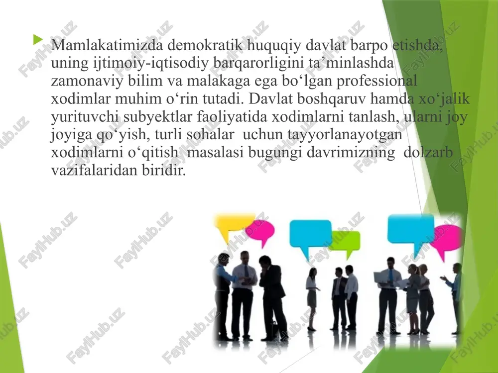 zifasiga har taraflama loyiq bo’lishi zarur. bilamizki hamma har xil xarakter xususiyatiga ega lekin ish davomida har bir xodim ortiqcha o’y xayollarga berilmay o’z hizmat vazifasini bajarishi lozim. barcha xodimlar bilan hushmuomalada bo’lishi lozim. temperament-o‘zi nima? temperament – shaxs faoliyati va xulqining dinamik (o‘zgaruvchan) va emotsional - hissiy tomonlarini xarakterlovchi individual xususiyatlar majmuidir. ya’ni temperament insonning turli vaziyatlarda narsa va xodisalarga, insonning hatti-harakatlariga nisbatan reaksiyasini tushuntirib beruvchi xususiyatlar majmui hisoblanadi. temperament so‘zining ma’nosi temperament tushunchasi klavdio galen tomonidan kiritilgan va u lotin tilidan «temperamentum », ya’ni “aralashma”, “qismlar nisbati” ma’nolarini bildiradi. qadimgi grek vrachi gippokrat (er.avv 460-356 yillar) insonlarni 4 toifaga bo‘lib davolashga e’tibor qaratgan temperament xolerik sangvinik melanxolik flegmatik xolerik “xole” “safro, zahar” ma’nosini bildirib, kishining xarakatchanligini ifodalaydi. jahldor, qat’iyatli, mas’uliyatli, harakat-chan, ularning e’tiborini jalb qilish mushkuldir. xolerik toifasiga xos sifatlar 1) sabrsiz, hovliqma; 2) yengiltabiat, serjahl; 3) betoqat; 4) odamlar bilan munosabatda keskin va rostgo‘y; 5) qat’iyatli va …