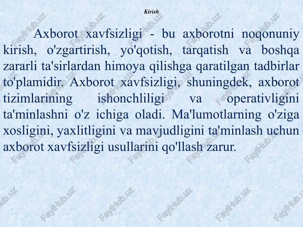 i ta’minlashda bir nechta asosiy tamoyillar mavjud. ular: maxfiylik (confidentiality): faqat ruxsat berilgan shaxslar axborotga kira olishlari kerak. maxfiylikni ta'minlash uchun turli shifrlash usullari va identifikatsiya mexanizmlari ishlatiladi. yaxlitlik (integrity): axborot tizimlarida joylashgan ma'lumotlarning o'zgarmasligini ta'minlash. bu tamoyil axborotning buzilmasligini va tasdiqlanishini ta'minlaydi. mavjudlik (availability): axborot tizimlari va ma'lumotlarga zarur vaqtda kirish imkoniyatini ta’minlash. agar tizim ishlamay qolsa, ma'lumotlar yo'qoladi, bu esa tashkilot uchun katta zarar keltirishi mumkin. hisobot berish va monitoring (accountability and monitoring): axborot tizimlarida foydalanuvchilarning harakatlari monitoring qilinadi, ularning harakatlariga javobgar bo'lishlari kerak. axborot xavfsizligiga tahdidlar ichki tahdidlar: xodimlarning noto‘g‘ri harakatlari yoki qasddan ma’lumotlarni o‘g‘irlashi. tashqi tahdidlar: hacker hujumlari, zararli dasturlar, phishing (aldov yo‘li bilan ma’lumotlarni olish). tabiiy omillar: elektr ta'minotining uzilishi, yong‘in, suv toshqini va boshqalar. ommaviy axborot vositalari va internet orqali bo‘ladigan xavflar. axborot xavfsizligi xavf-xatarlarini tahlil qilish axborot xavfsizligi turli xavf-xatarlarga duchor bo'lishi mumkin. ularni tahlil qilish va boshqarish, xavf-xatarlarni minimallashtirishga yordam beradi. ba'zi …