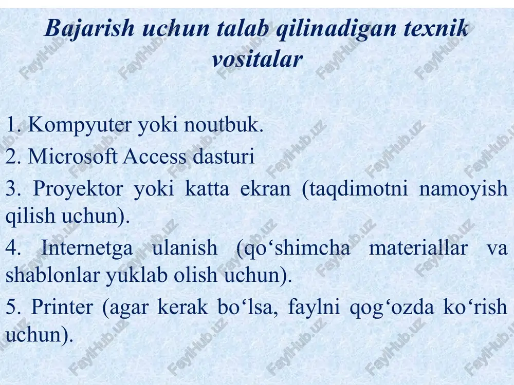 n yili; – yashash joyi; – telefoni – elektron manzili. hosil bo’lgan darchadan ma’lumotlar bazasini tuzish rejimi tanlanadi, masalan konstruktor. konstruktor tanlangandan keyin, jadvalga nom berish uchun darcha gaydo bo’ladi. jadvalga nom beriladi va ok tegmachasi bosiladi. bu oynaning imya polya bo’limiga ishlatiladigan maydon nomlari, tip dannix bo’limida maydonlar qanday turdagi ma’lumotlarni saqlashi, obshie bo’limida maydon o’lchamlari ketma-ket aniqlanadi. barcha maydon nomlari kiritilgandan so’ng, menyuning fayl (yoki knopka “office”)→soxranit yoki fayl(yoki knopka “office”)→soxranit kak buyruqlari jadval tarkibi diskda saqlanadi. jadval tarkibi fayli ishga tushirilsa ekranda quyidagi oyna paydo bo’ladi. e’tiborlaringiz uchun raxmat image1.jpeg image2.png image3.png image4.png image5.png image6.png image7.png image8.png image9.png image10.png /docprops/thumbnail.jpeg