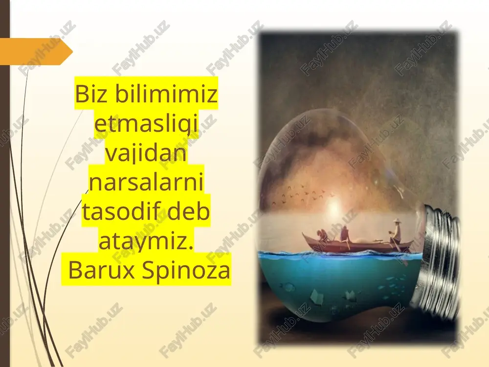 stik doirasida tabiat,koinot va odamlar, in’ikosi hisoblanadi. mifologiya ular mavjudligining shart-sharoitlari, aloqa shakllari va hokazolar haqidagi muayyan bilimlar shakllangan. 19 badiiy bilim borliqni tushunib tish refleksiyaning oʻziga xos shakli boʻlib, u san'at borligʻining barcha bosqichlarida – asar gʻoyasidan boshlab uning odamlar tomonidan qabul qilinishigacha – oʻziga xos tarzda roʻyobga chiqadi. 20 diniy bilim. dinning asosiy vazifasi – inson hayoti, tabiat va jamiyat borligʻining mazmunini aniqlashdan iborat. din universumning pirovard mazmunlari haqidagi oʻz tasavvurini asoslab, dunyo va insoniyatning birligini tushunishga koʻmaklashadi. 21 falsafiy bilim. falsafa san'at va din kabi, bilish vazifalarini echish bilangina kifoyalanmaydi. uning bosh vazifasi san'at va din bilan uygʻun holda– insonning dunyoda ma'naviy moʻljal olishig koʻmaklashishdan iborat. falsafiy bilish ayni shu maqsadga boʻysundirilgan. ilmiy bilim. bilishning eng oliy shakli fandir fanning asosiy vazifasi ob'ektlarning oʻzgarish va rivojlanish qonunlarini aniqlashdan iborat ijtimoiy fanlar tabiiy fanlar texnika fanlari empirik dalil real eksperiment kuzatish ilmiy dalil mavjud nazariy bilimdan foydalanish gipotezalarni …