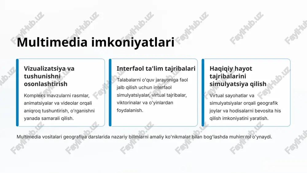 i javobi uchun ballar berish, bu ballarni ma'lum yutuqlar (mukofotlar) bilan almashtirish. reyting jadvallari o'quvchilar orasidagi sog'lom raqobatni rag'batlantirish uchun ularning natijalarini ko'rsatuvchi reytinglar (leaderboards) yaratish. oldinga siljish o'quvchilarning o'zlashtirish jarayonini va erishgan yutuqlarini (masalan, progress bar orqali) vizualizatsiya qilish. hikoya va personajlar o'rganish jarayonini sarguzashtli hikoyaga aylantirish, o'quvchilar uchun personajlar yaratish va ularni rivojlantirish. 8 multimedia afzalliklari faol ishtirokni oshirish qiziqarli kontent, interaktiv topshiriqlar va o'yinlar orqali o'quvchilarni darsga to'liq jalb qilish. tushunishni chuqurlashtirish kompleks ma'lumotlarni soddalashtirilgan vizual, audio va animatsion shakllarda taqdim etish orqali tushunishni osonlashtirish. eslab qolish samaradorligi bir vaqtning o'zida bir nechta sezgi organlarini ishga solish orqali ma'lumotlarning uzoq muddatli xotirada saqlanishini ta'minlash. multimedia o'quv materiallari har bir o'quvchining individual ehtiyojlariga moslashib, ularning o'quv jarayonini yanada samarali va qiziqarli qiladi. 9 interaktiv doskalar interaktiv doskalar zamonaviy ta'limning ajralmas qismiga aylandi, ular vizuallarni kuchaytirish va o'quv jarayonini yanada samarali qilish uchun keng imkoniyatlar yaratadi. 1 harakatchan tasvirlar …
