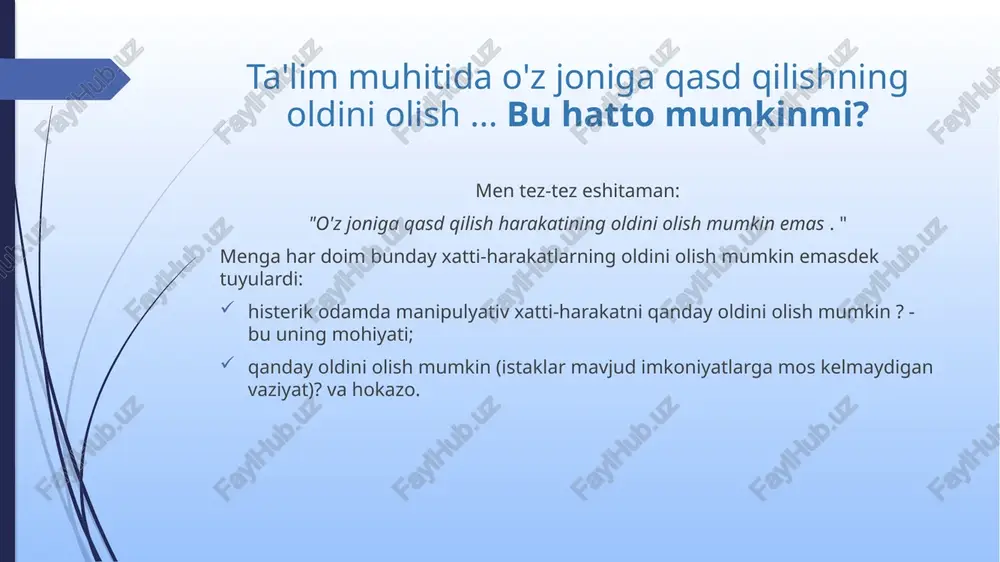 topadigan qiyin psixologik vaziyatdan xalos bo'lish. o'z joniga qasd qilishga urinayotgan odamlar kuchli ruhiy og'riqni boshdan kechiradilar va stressli holatda bo'ladilar, o'z joniga qasd qilishdan boshqa noxush vaziyatdan chiqish yo'lini topa olmaydilar. o'z joniga qasd qilish uch guruhga bo‘linadi to'g'ri (odam haqiqatan ham o'zini o'ldirmoqchi) ko'rgazmali (shaxsiyatingizga e'tiborni jalb qilish usuli) ta'sirli (hissiy lahzaning ustunligi) o'z joniga qasd qilish ( lotincha sui caedere - o'z joniga qasd qilish ) - og'riqli va og'ir ruhiy-psixologik inqirozning, kuchli ichki ziddiyatning oqibati bo'lib, ongning torayishi, azob-uqubatlar va butun hayotning ma'nosini yo'qotishiga olib keladi ... haqiqiy xulq-atvor yoki o'lim istagini bildirish o'z joniga qasd qiluvchining o'limi bilan yakunlanadigan tarzda tuzilgan . qoidaga ko'ra, bunday turdagi o'z joniga qasd qilish xatti-harakatlari bilan bolalar o'z joniga qasd qilish to'g'risidagi yozuvlarni qoldiradilar, ularda ular "hammani kechiradilar" yoki hech kimni hech narsada ayblamaydilar, shuningdek, erdagi mavjudligini tugatish istagini tushuntiradilar. haqiqiy o'z joniga qasd qilish xatti-harakatlariga misollar: osilish va …