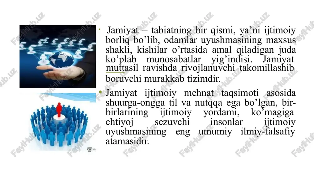 ishni olg’a surgan, shunday jamiyatdagi davlat ideal davlat deb ta’kidlangan. qadimgi turk mifologiyasida ham adolatli, faravon jamiyat va davlat haqida e’tiborga sazavor qarashlar mavjud. qadimgi yunon faylasufi aflotun takomillashgan kishilik jamiyatini, ideal davlatni barpo qilish, lozim deb hisoblagan. markaziy osiyodan yetishib chiqqan abu nasr forobiy o’zining «fozil odamlar shahri» asarida jamiyatning vujudga kelishi, maqsadi va vazifalari haqida ta’limot yaratgan. abu rayxon beruniy, abu ali ibn sino kabi mutafakkirlar kishilik jamiyati paydo bo’lishi sabablarini insonning boshqa mavjudotlarga nisbatan ojizligi birdamlik hissining rivojlanganligi bilan izohlaganlar. g‘arb olimlarining jamiyat to‘g‘risidagi qarashlari maks veber ogyust kont gerbert spenser ▣jamiyat- sotsial, yaʼni boshqa insonlarga yo‘naltirilgan harakatlar mahsuli bo‘lgan insonlar munosabatidir. ▣jamiyat − oila, xalq, millat, barcha insoniyatning ahloqiy hissiyatlarini qamrab olgan ahloqiy hissiyotning organik natijasi deyiladi. ▣jamiyat bu - tirik biologik organizm. jamiyatining ko‘rinishlari ochiq va yopiq jamiyat agrar industurial va postindisturial jamiyat arxaik (qadimgi) jamiyat axborotlashgan jamiyat isteʼmol jamiyati 1. ochiq va yopiq jamiyatlar …