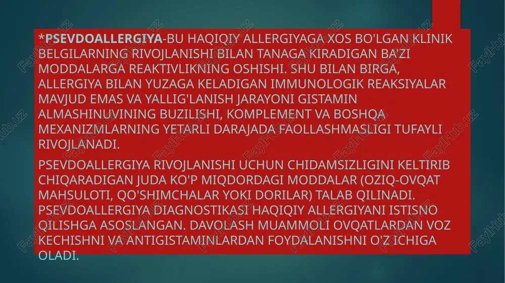 iq-ovqat mahsulotlarini iste'mol qilish orqali rivojlanadi. bunday mahsulotlarga turli xil pishloq, qizil sharob, fermentatsiya va konservalashga duchor bo'lgan qayta ishlangan ovqatlar kiradi: go'sht va baliq konservalari, kolbasa va sosiska, tuzlangan pomidor va bodring, seld, shuningdek shokolad, kakao donalari , pivo xamirturushlari va boshqalar. *kamroq tez-tez psevdoallergiya ba'zi immunitet tanqisligi holatlarida, xususan irsiy angioedemada komplementning yetarli darajada faollashmasligi tufayli rivojlanadi. ba'zida psevdoallergiyaning paydo bo'lishi araxidon kislotasi almashinuvini buzadigan ba'zi steroid bo'lmagan yallig'lanishga qarshi vositalardan foydalanish bilan bog'liq bo'lishi mumkin. *soxta allergiyaning klinik belgilari allergik kasalliklarda uchraydigan alomatlarga o'xshaydi. bunday holda, patologik jarayon periferik tomirlar o'tkazuvchanligining mahalliy yoki tizimli o'sishiga, shish, yallig'lanish, ichki organlarning mushaklarining spazmiga, qon hujayralarining shikastlanishiga olib keladi. psevdoallergiyaning klinik ko'rinishlari ma'lum bir organ va tana tizimining asosiy shikastlanishiga bog'liq. *ko'pincha bu qovoqchalar kabi terida toshmalar, yuz va bo'yin sohasidagi terining mahalliy shishishi (quincke shishi). ko'pincha oshqozon-ichak traktining disfunksiyasi qorin og'rig'i, ko'ngil aynish va gijjalar, meteorizm, diareya, bronxopulmoner shikastlanish …