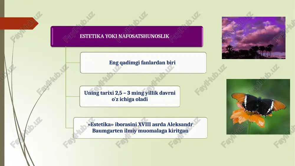 h «katarsis»ni san'atga nisbatan ishlatadi. forig'lanish san'at o'z oldiga qo'ygan maqsad bo'lib, u mohiyatan qo'rquv yo achinish tufayli inson qalbini salbiy hissiyotlardan forig'lantiradi. arastu (mil.avv. 384-322 yy.) o'rta asr sharq allomalari estyetikasi ezgulik bilan go'zallikni aynanlashtiradi. san'at taqlidiylik hususiyatiga ega. she'riy nutq - mutloq yolg'on. sofistik nutq - asosan yolg'on. hitobiy nutq - bir xilda ham yolg'on, ham rost. dialektik nutq - asosan rost. isbotiy (apodiktik) nutq - mutlaq rost. she'riyatni tasviriy san'at bilan qiyoslaydi va har ikkala san'at turi ham mohiyatan bir xil asosga - taqlidga borib taqalishini aytadi. «musiqa haqidagi katta kitob» asarida musiqiy bilimni ijro san'ati bilan bog'liq bo'lgan musiqiy amaliyotga va musiqaning «sof o'zini», ijrochilikka bog'lanmagan holda o'rganadigan nazariyaga ajratadi. abu nasr al-farobiy (873-950) 🠶 musiqadan olinadigan lazzat musiqiy uyg'unlikning makonda yoyilishidan, pardalarning navbatma-navbat kelishidandir. 🠶 musiqada tovushning o'zi kifoya qilmaydi, balki uni qanday chiqarish muhim. 🠶 jismoniy go'zallik - qalb go'zalligi bilan belgilanadi. haqiqiy she'riyat …