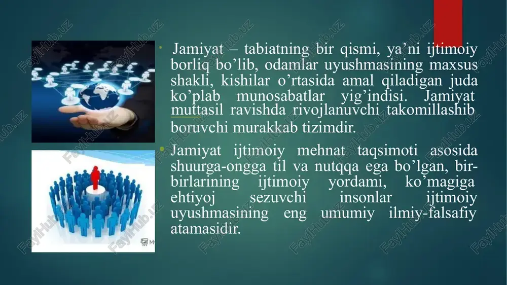 ishni olg’a surgan, shunday jamiyatdagi davlat ideal davlat deb ta’kidlangan. qadimgi turk mifologiyasida ham adolatli, faravon jamiyat va davlat haqida e’tiborga sazavor qarashlar mavjud. qadimgi yunon faylasufi aflotun takomillashgan kishilik jamiyatini, ideal davlatni barpo qilish, lozim deb hisoblagan. markaziy osiyodan yetishib chiqqan abu nasr forobiy o’zining «fozil odamlar shahri» asarida jamiyatning vujudga kelishi, maqsadi va vazifalari haqida ta’limot yaratgan. abu rayxon beruniy, abu ali ibn sino kabi mutafakkirlar kishilik jamiyati paydo bo’lishi sabablarini insonning boshqa mavjudotlarga nisbatan ojizligi birdamlik hissining rivojlanganligi bilan izohlaganlar. g‘arb olimlarining jamiyat to‘g‘risidagi qarashlari maks veber ogyust kont gerbert spenser ▣jamiyat- sotsial, yaʼni boshqa insonlarga yo‘naltirilgan harakatlar mahsuli bo‘lgan insonlar munosabatidir. ▣jamiyat − oila, xalq, millat, barcha insoniyatning ahloqiy hissiyatlarini qamrab olgan ahloqiy hissiyotning organik natijasi deyiladi. ▣jamiyat bu - tirik biologik organizm. jamiyatining ko‘rinishlari ochiq va yopiq jamiyat agrar industurial va postindisturial jamiyat arxaik (qadimgi) jamiyat axborotlashgan jamiyat isteʼmol jamiyati 1. ochiq va yopiq jamiyatlar …