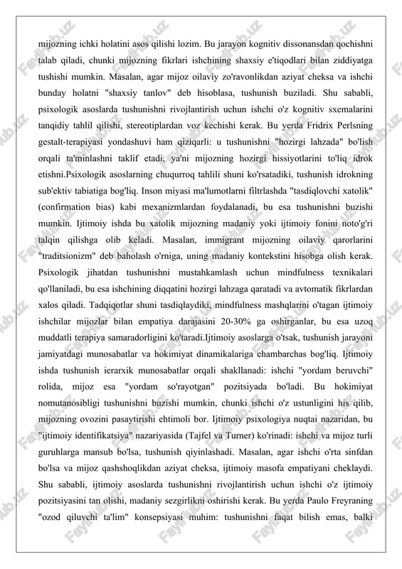 chilar mijozlar bilan empatiya darajasini 20-30% ga oshirganlar, bu esa uzoq muddatli terapiya samaradorligini ko'taradi.ijtimoiy asoslarga o'tsak, tushunish jarayoni jamiyatdagi munosabatlar va hokimiyat dinamikalariga chambarchas bog'liq. ijtimoiy ishda tushunish ierarxik munosabatlar orqali shakllanadi: ishchi "yordam beruvchi" rolida, mijoz esa "yordam so'rayotgan" pozitsiyada bo'ladi. bu hokimiyat nomutanosibligi tushunishni buzishi mumkin, chunki ishchi o'z ustunligini his qilib, mijozning ovozini pasaytirishi ehtimoli bor. ijtimoiy psixologiya nuqtai nazaridan, bu "ijtimoiy identifikatsiya" nazariyasida (tajfel va turner) ko'rinadi: ishchi va mijoz turli guruhlarga mansub bo'lsa, tushunish qiyinlashadi. masalan, agar ishchi o'rta sinfdan bo'lsa va mijoz qashshoqlikdan aziyat cheksa, ijtimoiy masofa empatiyani cheklaydi. shu sababli, ijtimoiy asoslarda tushunishni rivojlantirish uchun ishchi o'z ijtimoiy pozitsiyasini tan olishi, madaniy sezgirlikni oshirishi kerak. bu yerda paulo freyraning "ozod qiluvchi ta'lim" konsepsiyasi muhim: tushunishni faqat bilish emas, balki hokimiyatni taqsimlash orqali amalga oshirishni taklif etadi. ijtimoiy ishda bu mijozni faol ishtirokchiga aylantirish orqali ro'yobga chiqadi, ya'ni tushunish ikki tomonlama jarayon bo'lib …
