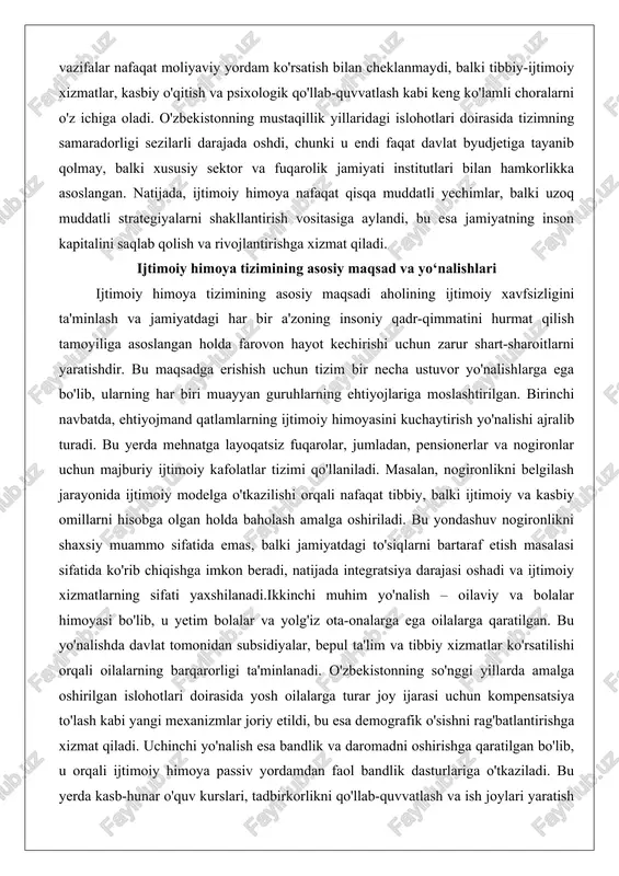 ogironlikni belgilash jarayonida ijtimoiy modelga o'tkazilishi orqali nafaqat tibbiy, balki ijtimoiy va kasbiy omillarni hisobga olgan holda baholash amalga oshiriladi. bu yondashuv nogironlikni shaxsiy muammo sifatida emas, balki jamiyatdagi to'siqlarni bartaraf etish masalasi sifatida ko'rib chiqishga imkon beradi, natijada integratsiya darajasi oshadi va ijtimoiy xizmatlarning sifati yaxshilanadi.ikkinchi muhim yo'nalish – oilaviy va bolalar himoyasi bo'lib, u yetim bolalar va yolg'iz ota-onalarga ega oilalarga qaratilgan. bu yo'nalishda davlat tomonidan subsidiyalar, bepul ta'lim va tibbiy xizmatlar ko'rsatilishi orqali oilalarning barqarorligi ta'minlanadi. o'zbekistonning so'nggi yillarda amalga oshirilgan islohotlari doirasida yosh oilalarga turar joy ijarasi uchun kompensatsiya to'lash kabi yangi mexanizmlar joriy etildi, bu esa demografik o'sishni rag'batlantirishga xizmat qiladi. uchinchi yo'nalish esa bandlik va daromadni oshirishga qaratilgan bo'lib, u orqali ijtimoiy himoya passiv yordamdan faol bandlik dasturlariga o'tkaziladi. bu yerda kasb-hunar o'quv kurslari, tadbirkorlikni qo'llab-quvvatlash va ish joylari yaratish orqali ehtiyojmandlar o'z o'zini ta'minlash imkoniyatiga ega bo'ladi. masalan, "ijtimoiy himoya yagona reyestri" axborot …