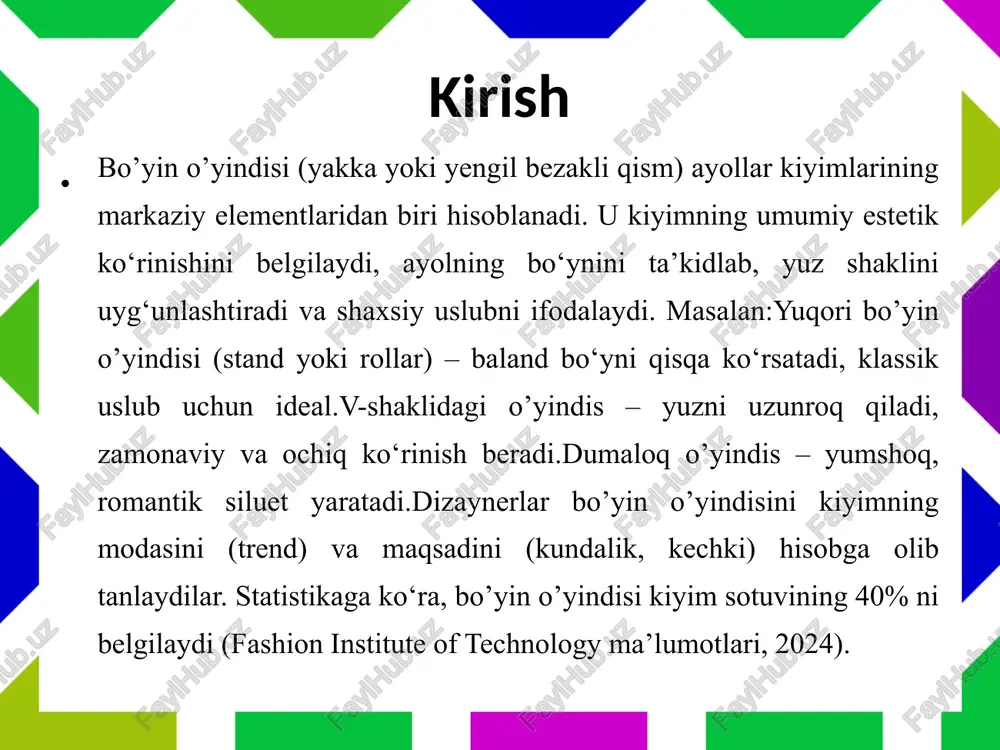 bo’yin o’yindilariga ishlov berish texnologiyasi bo’yin o’yindilariga ishlov berish texnologiyasi tikuv jarayonining muhim qismi bo’lib, u kiyimning mustahkamligini va ko’rinishini ta’minlaydi. ishlov berish usullari, asbob-uskunalar va ketma-ketlik batafsil ko’rib chiqiladi.ishlov berish usullari: qirqma, qoplama, qotirma, astar bilan ishlov berish.ishlov berish usullari turli bo’lib, qirqma (binding) chetni mato chiziq bilan yopishdir. dalil sifatida, binding qulay va elastik. amaliy misolda, yumaloq bo’yin binding bilan ishlov beriladi, chiziq 1 sm enida kesiladi va tikiladi.qoplama (facing) ichki mato bilan yopishdir. dalil sifatida, facing mustahkam. amaliy misolda, kvadrat bo’yin facing bilan, facing kesiladi va tikiladi.qotirma (piping) chetga qotirma qo’yishdir bo’yin o’yindisiga ishlov berishda tikuv mashinalari va asbob-uskunalar tikuv mashinalari va asboblar ishlov berishda muhim. oddiy tikuv mashinasi asosiy, serjer chetni tozalaydi. dalil sifatida, serjer tez. amaliy misolda, binding uchun serjer.overlok mashinasi elastik matolar uchun. dalil sifatida, overlok mustahkam. amaliy misolda, scoop neck overlok bilan.asboblar: igna, qaychi, o’lchov. dalil sifatida, igna to’g’ri tanlash muhim. amaliy misolda, …