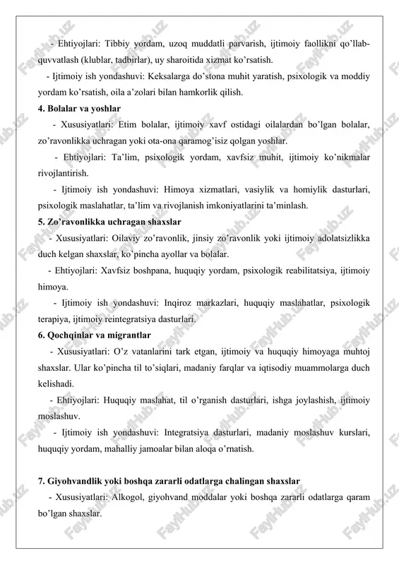 di. - ehtiyojlari: huquqiy maslahat, til o’rganish dasturlari, ishga joylashish, ijtimoiy moslashuv. - ijtimoiy ish yondashuvi: integratsiya dasturlari, madaniy moslashuv kurslari, huquqiy yordam, mahalliy jamoalar bilan aloqa o’rnatish. 7. giyohvandlik yoki boshqa zararli odatlarga chalingan shaxslar - xususiyatlari: alkogol, giyohvand moddalar yoki boshqa zararli odatlarga qaram bo’lgan shaxslar. - ehtiyojlari: tibbiy va psixologik reabilitatsiya, ijtimoiy qo’llab-quvvatlash, ishga qaytish dasturlari. - ijtimoiy ish yondashuvi: reabilitatsiya markazlari, guruh terapiyalari, oila bilan ishlash, ijtimoiy reintegratsiya. ijtimoiy ish mijozlari turli xil ehtiyojlar va muammolarga ega bo’lib, ularning har biri individual yondashuvni talab qiladi. ijtimoiy xodimlar mijozlarning ijtimoiy holatini yaxshilash uchun ularning ehtiyojlarini aniqlab, mos xizmatlar va dasturlarni taklif qiladilar. har bir toifa bilan ishlashda insonparvarlik, adolat va tenglik tamoyillari asosiy yo’l-yo’riq bo’lib xizmat qiladi. ijtimoiy ishning mohiyati va maqsadi ijtimoiy ish fani jamiyatdagi shaxslar, oilalar va jamoalarning ijtimoiy muammolarini hal etishga qaratilgan ilmiy va amaliy soha sifatida shakllangan. uning mazmuni insonning hayotiy muhitidagi o’zaro …