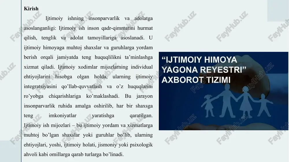 ar va kasbiy o’qitishni o’z ichiga oladi. ijtimoiy ish mijozlari va ularning toifalari “mijoz” tushunchasi ijtimoiy ishda yordamga muhtoj shaxs yoki guruhni bildiradi. uning mazmuni shaxslarning ijtimoiy, psixologik yoki iqtisodiy muammolarini hal etish jarayonidagi ishtirokchi sifatida belgilaydi. mohiyati esa mijozni passiv qabul qiluvchi emas, balki faol ishtirokchi sifatida ko’rishda. mijozning huquqlari va majburiyatlari mavjud bo’lib, u yordam jarayonida o’z fikrini bildirishi mumkin.bu tushuncha ijtimoiy ishning inson markazli yondashuvini aks ettiradi. mijozlar turli yosh va ijtimoiy guruhlardan bo’lishi mumkin, ammo ularning umumiy xususiyati yordamga muhtojlikdir. masalan, oilaviy zo’ravonlik holatida mijoz oila a’zolari bo’lishi mumkin, va ularning har biri bilan alohida ishlash talab etiladi.“mijoz” tushunchasi rivojlanish jarayonida kengaygan. 10 10 ijtimoiy yordamga muhtoj mijozlar toifalari ijtimoiy yordamga muhtoj mijozlar turli toifalarga bo’linadi, ularning har biri o’ziga xos ehtiyojlarga ega. keksalar va yolg’iz yashovchilar toifasi jamiyatdagi yoshi ulg’aygan shaxslarni o’z ichiga oladi. ular jismoniy va psixologik qiyinchiliklarga duch keladi, masalan, yolg’izlik va sog’liq …