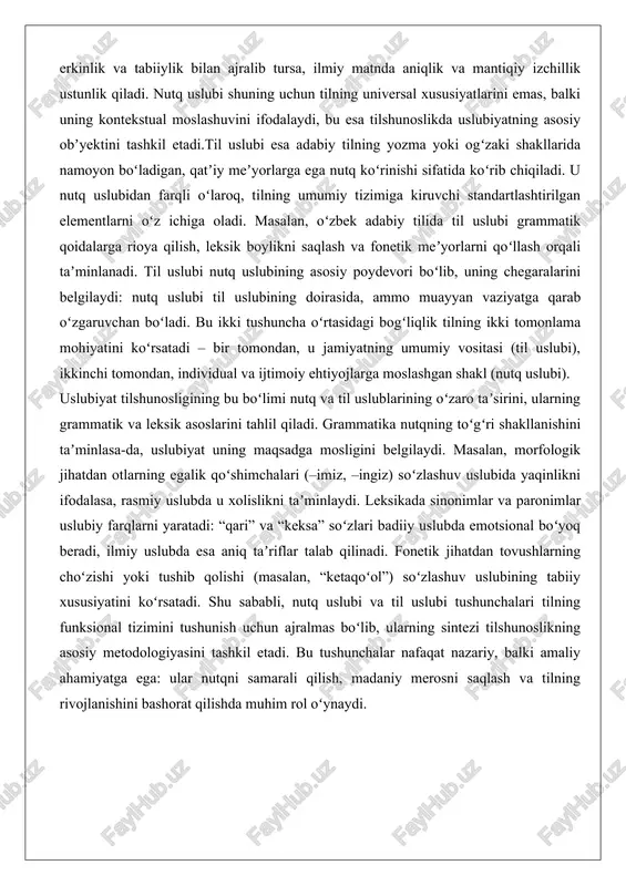 ar va paronimlar uslubiy farqlarni yaratadi: “qari” va “keksa” soʻzlari badiiy uslubda emotsional boʻyoq beradi, ilmiy uslubda esa aniq taʼriflar talab qilinadi. fonetik jihatdan tovushlarning choʻzishi yoki tushib qolishi (masalan, “ketaqoʻol”) soʻzlashuv uslubining tabiiy xususiyatini koʻrsatadi. shu sababli, nutq uslubi va til uslubi tushunchalari tilning funksional tizimini tushunish uchun ajralmas boʻlib, ularning sintezi tilshunoslikning asosiy metodologiyasini tashkil etadi. bu tushunchalar nafaqat nazariy, balki amaliy ahamiyatga ega: ular nutqni samarali qilish, madaniy merosni saqlash va tilning rivojlanishini bashorat qilishda muhim rol oʻynaydi. uslublarning ijtimoiy va kommunikativ vazifalari nutq uslublarining ijtimoiy vazifalari jamiyatdagi munosabatlar va tuzumlarning shakllanishiga bevosita taʼsir etadi. uslublar til orqali ijtimoiy rollarni belgilab, guruhlar oʻrtasidagi aloqani tartibga soladi. masalan, rasmiy-idoraviy uslub davlat boshqaruvi va huquqiy munosabatlarni mustahkamlaydi, chunki u qonun hujjatlarida aniqlik va xolislikni taʼminlaydi. ijtimoiy jihatdan uslublar jamiyatning turli qatlamlarini birlashtiruvchi vosita: soʻzlashuv uslubi kundalik hayotda yaqinlik va ishonchni oshirsa, publitsistik uslub ommaviy ongni shakllantirishga xizmat qiladi. badiiy …