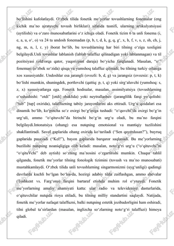 i. savol gaplarida ohang oxirida ko‘tariladi (“sen qayerdasan?”), buyruq gaplarida pasayadi (“kel!”), bayon gaplarida barqaror saqlanadi. bu me’yorlarning buzilishi nutqning noaniqligiga olib keladi: masalan, noto‘g‘ri urg‘u (“o‘qituvchi”ni “o‘qituvchi” deb aytish) so‘zning ma’nosini o‘zgartirishi mumkin. chuqur tahlil qilganda, fonetik me’yorlar tilning fonologik tizimini (tovush va ma’no munosabati) mustahkamlaydi. o‘zbek tilida unli tovushlarning singarmonizmi (uyg‘unligi) qadimgi davrlarda kuchli bo‘lgan bo‘lsa-da, hozirgi adabiy tilda zaiflashgan, ammo shevalar (toshkent vs. farg‘ona) farqini bartaraf etishda muhim rol o‘ynaydi. fonetik me’yorlarning amaliy ahamiyati katta: ular radio va televideniye dasturlarida, o‘qituvchilar nutqida rioya etiladi, bu tilning milliy standartini saqlaydi. natijada, fonetik me’yorlar nafaqat talaffuzni, balki nutqning estetik jozibadorligini ham oshiradi, tilni global ta’sirlardan (masalan, inglizcha so‘zlarning noto‘g‘ri talaffuzi) himoya qiladi. leksik me’yorlar – so‘z tanlash, yangi so‘zlar va sinonimlarning qo‘llanilishi leksik me’yorlar o‘zbek adabiy tilining so‘z boyligini, ya’ni lug‘atni tartibga soluvchi qoidalardir. ular so‘z tanlash, yangi so‘zlar (neologizmlar) va sinonimlarning qo‘llanilishini belgilaydi, nutqning aniqligi va uslubiy mosligini …