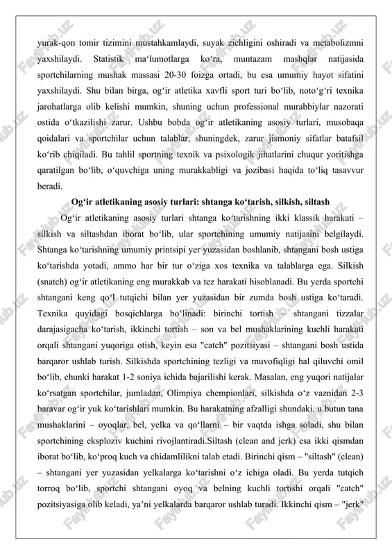 bosqichlarga boʻlinadi: birinchi tortish – shtangani tizzalar darajasigacha koʻtarish, ikkinchi tortish – son va bel mushaklarining kuchli harakati orqali shtangani yuqoriga otish, keyin esa "catch" pozitsiyasi – shtangani bosh ustida barqaror ushlab turish. silkishda sportchining tezligi va muvofiqligi hal qiluvchi omil boʻlib, chunki harakat 1-2 soniya ichida bajarilishi kerak. masalan, eng yuqori natijalar koʻrsatgan sportchilar, jumladan, olimpiya chempionlari, silkishda oʻz vaznidan 2-3 baravar ogʻir yuk koʻtarishlari mumkin. bu harakatning afzalligi shundaki, u butun tana mushaklarini – oyoqlar, bel, yelka va qoʻllarni – bir vaqtda ishga soladi, shu bilan sportchining eksploziv kuchini rivojlantiradi.siltash (clean and jerk) esa ikki qismdan iborat boʻlib, koʻproq kuch va chidamlilikni talab etadi. birinchi qism – "siltash" (clean) – shtangani yer yuzasidan yelkalarga koʻtarishni oʻz ichiga oladi. bu yerda tutqich torroq boʻlib, sportchi shtangani oyoq va belning kuchli tortishi orqali "catch" pozitsiyasiga olib keladi, yaʼni yelkalarda barqaror ushlab turadi. ikkinchi qism – "jerk" – shtangani bosh ustiga …