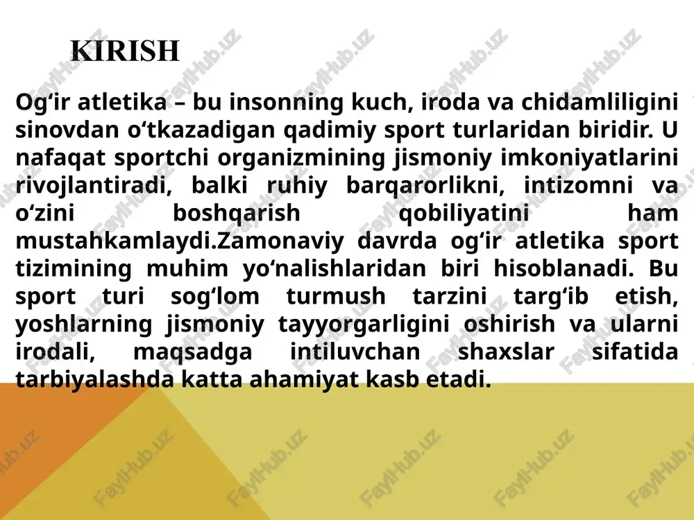 uchun ogʻir atletika bu davrda suyak va mushak tizimlarini mustahkamlashda muhimdir oʻzbekistonda ogʻir atletika rivoji va istiqbollari oʻzbekiston respublikasining mustaqillikka erishgan yillarida sport sohasi, xususan ogʻir atletika turi sezilarli oʻzgarishlarga duch keldi. bu sport turi nafaqat milliy ehtiyojlar, balki xalqaro standartlarga mos ravishda rivojlanib, yosh avlodni sogʻlom turmush tarziga jalb etishda muhim oʻrin egalladi. ogʻir atletika oʻzbekistonda qadimiy anʼanalarga asoslangan boʻlib, mustaqillik davrida tizimli yondashuvlar orqali yangi bosqichga koʻtarildi. mustaqillik davrida ogʻir atletika sportining rivojlanish bosqichlari mustaqillikning dastlabki yillari ogʻir atletika uchun oʻtish davri boʻldi. 1991-yilda oʻzbekiston mustaqil davlat sifatida tan olinishi bilan sport tuzilmalari qayta tashkil etildi. sovet ittifoqi davrida ogʻir atletika asosan markazlashgan tizimda rivojlangan boʻlsa, mustaqillikdan keyin milliy federatsiya tashkil etildi va bu sport turi mustaqil ravishda boshqarila boshladi. ogʻir atletika insonning jismoniy kuchini, iroda va sabr-toqatini rivojlantiruvchi muhim sport turidir. u sog‘lom turmush tarzini shakllantirish, yoshlarning ma’naviy va jismoniy barkamolligini ta’minlashda katta ahamiyatga ega.bu sport turi …