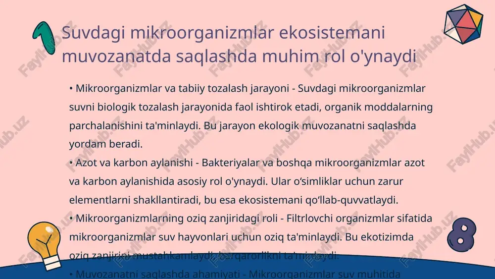 entlarni hosil qiladi • azot aylanishi - mikrofloralar azotni o'simliklar uchun qulay shaklga aylantiradi, bu esa tuproq unumdorligi va hosildorlikni oshiradi suv havzalarida mikroorganizmlar biofiltr sifatida ishlaydi • biofiltrlash jarayoni - mikroorganizmlar suvdagi ifloslantiruvchi moddalarni parchalab, suvni biokimyoviy tozalaydi. bu jarayon biofiltrlash deyiladi. • mikroorganizmlarning roli - bakteriyalar, zamburug‘lar va boshqa mikroorganizmlar suvda zarrachalarni yutib, ma'lum moddalarni qayta ishlaydi. • atrof-muhitni saqlash ahamiyati - mikroorganizmlar biofiltr sifatida ishlaydi va suv havzalarning ekologik tozalik darajasini oshiradi. • foydalari va qo‘llanilishi - mikroorganizmlar suvni ichish sifatiga keltirishda va chiqindi suvlarni tozalashda keng qo‘llaniladi. tuproq mikroorganizmlari uglerod aylanishida muhim ahamiyatga ega • tuproq mikroorganizmlari roli - tuproq mikroorganizmlari uglerodni parchalash va qayta ishlashda muhim hisoblanadi. ular organik moddalarni minerallashtirib, yerga qaytaradi. • uglerod aylanishi jarayoni - ifloslangan moddalarni parchalaydigan mikroorganizmlar atmosferaga karbonat gazlarini chiqarilishini boshqaradi. • organik moddalarni o'zlashtirish - tuproq mikroblari chirindi hosil qilishda ishtirok etadi, bu o'simliklarning o'sishi uchun zarur. • …
