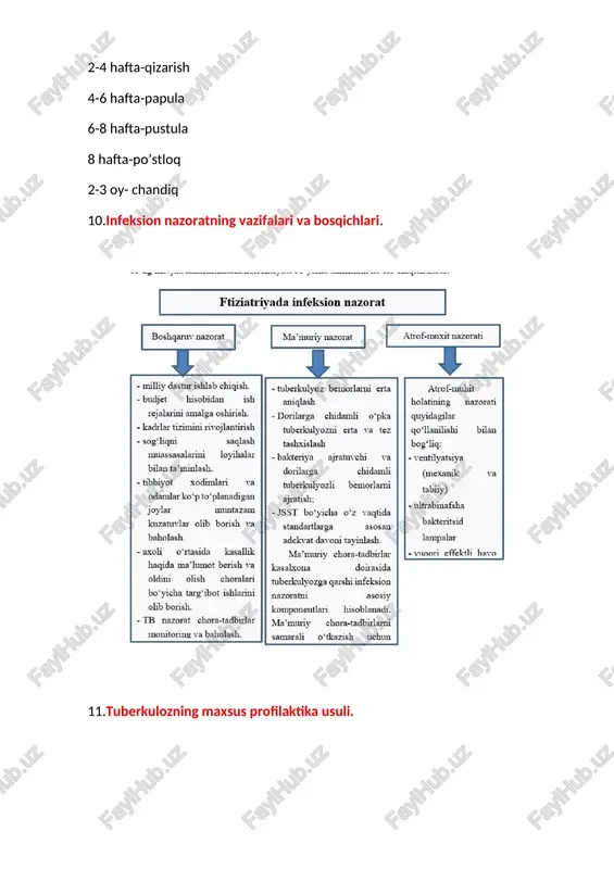 tema, lizotsim, properdin va interferonlar ham ahamiyatga ega. 17. immunitet fenomenlari va ularga izoh bering. gumoral immunitet (antitelo xosil bo’lishi) xujayraviy immunitet ( sekin kechuvchi yuqori sezgirlik) tolerantlik immunologic xotira allergiya 18.endogen o’choqlarga ta’rif bering. o’pkada paydo bo’ladigan o’choqli jarayon 1-1.5smli (yumshoq, qattiq) yumshoq-abrikosov,simon qattiq-ahsof-pull 19.ekzogen o’choqlarga ta’rif bering bemor uyi infeksiya manbayi hisoblanadi 20. o’pka rentgenogrammasida patologik jarayonning bosqichma-bosqich tavsifi . -ko’krak qafasi ko’rinishi, shakli, bemor joylashuvi - jarayon lokalizatsiyasi -shakli -soya o’lchami -chegarasi(aniq, noaniq) -intensivligi(past, o’rta, yuqori) -strukturasi(gomogen, nogomogen) -o’pka bilan bn bog’langan/bog’lanmagan -xulosa 21.morfologik tuzilishiga ko’ra kaverna turlari. javob 2 ga bolinadi yangi kavernalar va eski kavernalar. 1 yangi kavernalar ikki qavatdan tuzilgan ichki qavat-kazeoz nekrotik, tashqi qavat - granulatsion qavat. 2 eski kavernalarda esa biriktiruvchi toqima yani fibroz qavat ham boladi. 22- savol patoginezga kora kavernalar turlari. javob: kavernoz tb, fibroz kavernoz va serrotik kavernoz. 23.mkb-10 klinik tasnifida “ tuberkulozni davolashdan keying qoldiq o’zgarishlar” bo’limi ahamiyati. …