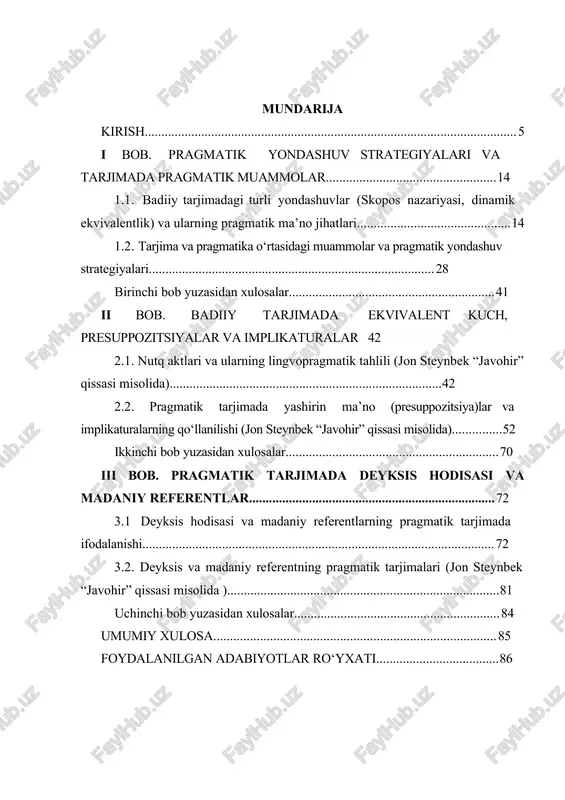 nadi. zamonaviy filologiyada pragmatik yondashuvning dolzarbligi quyidagi omillar bilan izohlanishi mumkin: madaniyatlararo muloqotning o‘sishi ingliz va o‘zbek tillari turli madaniy, tarixiy va ijtimoiy kontekstlarda shakllanganligi sababli, tarjimon pragmatik moslashuv (masalan, idiomalar, metaforalar, hazil) orqali asarning asl ma’nosini yo‘qotmasligi kerak. j. d. salingerning “the catcher in the rye” asaridagi “phony” so‘zini “soxta” deb tarjima qilish – semantik jihatdan to‘g‘ri, lekin asarning bosh qahramoni holdenning dunyoqarashini yetkazish uchun “yolg‘ondakam” kabi ifoda mosroq bo‘lishi mumkin. nutq harakatlari va kommunikativ maqsad badiiy matnlarda qahramonlar dialoglari orqali berilgan illokutsion kuch (masalan, tahdid, iltimos, kinoya) tarjimada saqlanmasa, matnning ta’sirchanligi yo‘qoladi. statistik ko‘rsatkichlarga asosan, badiiy tarjimalarning 40% ga yaqini nutq aktlarini noto‘g‘ri aks ettirgani sababli matnning pragmatik mazmunini buzilishiga olib kelgan (manba: baker, 2018). 20 deyksis va kontekstual moslashuv muammolari ingliz tilida ishlatilgan vaqt, joy, shaxs ko‘rsatkichlari o‘zbek tilida tushunarli bo‘lishi uchun madaniy jihatdan moslashtirilishi kerak. o‘quvchiga ta’sir etishi jihatdan pragmatik tarjimaning asosiy maqsadi – asarning asl …