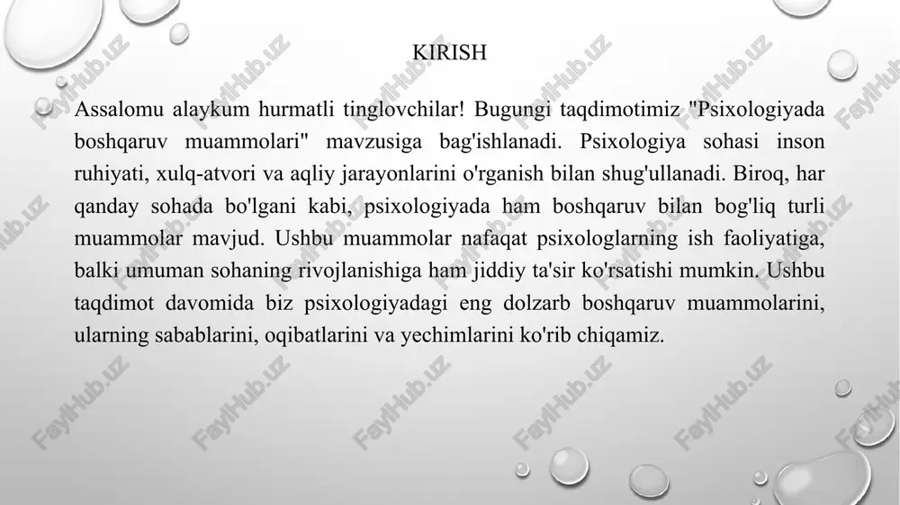 h muhitini yomonlashtirishi va xodimlarning motivatsiyasini pasaytirishi mumkin. boshqaruv muammolarining sabablari boshqaruv muammolarining sabablari ko'p omillarga bog'liq bo'lishi mumkin. keling, ularni batafsilroq ko'rib chiqaylik. birinchi sabab - **rahbariyatning yetarli darajada malakali emasligi**. psixologiya sohasida rahbar bo'lish nafaqat professional psixolog bo'lishni, balki boshqaruv ko'nikmalariga ham ega bo'lishni talab qiladi. agar rahbar boshqaruv tamoyillarini bilmasa, xodimlarni to'g'ri boshqara olmasa, strategik rejalashtirishni amalga oshira olmasa, bu albatta boshqaruv muammolariga olib keladi. rahbarning liderlik qobiliyatlari, kommunikatsiya mahorati, qaror qabul qilish qobiliyati ham muhim rol o'ynaydi. boshqaruv muammolarining sabablari (davomi) ikkinchi sabab - **tashkiliy tuzilmaning noto'g'ri tashkil etilganligi**. tashkiliy tuzilma tashkilotning "skeleti" hisoblanadi. agar tuzilma noaniq, murakkab yoki samarasiz bo'lsa, bu ish jarayonida chalkashliklarga, vazifalarning dublikatlanishiga, resurslarning noto'g'ri taqsimlanishiga olib kelishi mumkin. masalan, markazlashgan tashkiliy tuzilmada qarorlar yuqori lavozimli rahbarlar tomonidan qabul qilinadi, bu esa quyi bo'g'indagi xodimlarning tashabbuskorligini cheklashi mumkin. aksincha, juda tarqoq tuzilma muvofiqlashtirish qiyinchiliklarini yaratishi mumkin. boshqaruv muammolarining sabablari (davomi) uchinchi sabab …