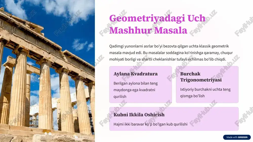 ing qiymatini 3,14 gacha aniqlikda topdi 9 xulosa: qadimgi yunonlarning irsined qadimgi yunon o'limlar uchta klassik geometrik masalani echishga harakat qilish orqali matematikaning chuqur masalalarini tushunib yetdilar. demokrit atomizmdan boshlab arximedning cheksiz kichik miqdorlari yordamida - ular cheksizlik tushunchasini yanada chuqurroq o'rgandilar. bu tadqiqotlar zamonaviy hisoblash, limit va integral nazariyasining poydevorini qo'ydi. geometrik masalalar mantiqiy fikrlashni rivojlantirdi atomizm nazariyasi cheksizlikni fizikaviy qildi zeno paradokslari limitlar va ketma-ketliklar arximedning usuli integral hisoblanishning asosikechi 10 image-1002-1.png image-1002-2.png image-1-1.png image-1003-1.png image-1003-2.png image-2-1.png image-2-2.png image-2-3.svg image-2-4.png image-2-5.svg image-2-6.png image-2-7.svg image-1004-1.png image-1004-2.png image-3-1.png image-1005-1.png image-1005-2.png image-4-1.png image-1006-1.png image-1006-2.png image-5-1.png image-5-2.png image-5-3.svg image-5-4.png image-5-5.svg image-5-6.png image-5-7.svg image-1007-1.png image-1007-2.png image-6-1.png image-6-2.png image-1008-1.png image-1008-2.png image-7-1.png image-7-2.png image-7-3.png image-7-4.png image-1009-1.png image-1009-2.png image-8-1.png image-8-2.png image-8-3.svg image-8-4.png image-8-5.svg image-8-6.png image-8-7.svg image-8-8.png image-8-9.svg image-1010-1.png image-1010-2.png image-9-1.png image-1011-1.png image-1011-2.png image-10-1.png image-10-10.png image-10-11.png image-10-12.svg image-10-2.png image-10-3.svg image-10-4.png image-10-5.png image-10-6.svg image-10-7.png image-10-8.png image-10-9.svg