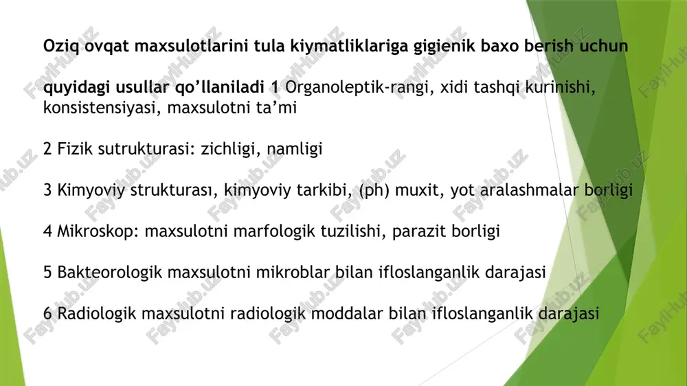 hiqadigan undan 57% dan kam bo’lmaydi. arpa nonda govaklik 55% dan oshmaydi. nonni tekshirish nonning organoleptik xossalari. tashqi ko’rinishi nonning tashqi yuzasida katta yoriqlar bo’lmaydigan bo’lishi kerak va katta yulinishlardan xoli bo’lishi kerak. nanning govakligini aniqlash, gost 5669-51 nonning mikroorganizm bilan zararlanishi. non mogorlanish mumkin. bunda non noxus is taratib va yokimsiz mazzaga ega bo’ladi. xarnda xar xil ranglarni kasb etadi. bunday nonni iste’mol qilish mikozlar bilan kasallanishga xavfini tug’dirishi mumkin. non kartoshka tayoqchalari bilan zararlanishi mumkin. kartoshka tayoqchalan nonni yumshoq qismini cho’zuvchan sargish qo’ng’ir qizg’ish yoki qo’ng’ rangli qolib yopishqoq massaga aylantiradi va yoqimsiz valerana xidini angitib turadi. kartoshka tayoqchalari bilan zararlangan non iste’mol uchun yaramaydi. uni yo’qotish kerak. go’shtni organoleptik tekshirish tashqi ko’rinish va rangni aniqlash. go’shtning tashqi ko’rinishi ko’zdan kechirilar ekan yuzasining xolatiga, rangiga va yog’ning ko’rinishiga axamiyat beriladi. muskul to’qimasi chuqur qatlamilarning rangi rangi va tusini bilish uchun pichoq bilan urtasidan kesiladi. kesilgan yuzasining yopishqoqligi qo’l …