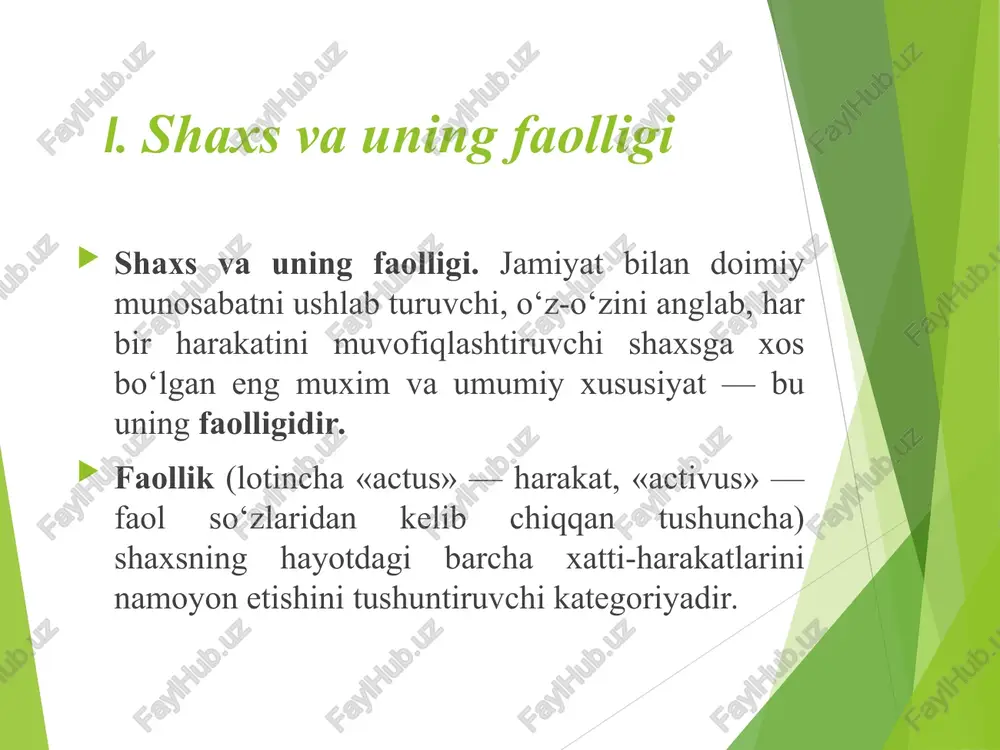 bo‘lishi mumkin. muloqot murakkab jarayon bo’lganligi uchun ham ayrim olingan muloqot shaklini analiz qilganimizda unda juda ko’p xilma xil krinishlar, komponentlar va qismlar borligini aniqlashimiz mumkin. g.m. andreeva muloqotning quyidagi tuzilishini taklif etadi: kommunikativ tomoni (ya’ni muloqotga kirishuvchilar o‘rtasidagi ma’lumotlar almashinuvi jarayoni) interaktiv tomoni (ya’ni muloqotga kirishuvchilarning xulq-atvorlariga ta’sir jarayoni) perseptiv tomoni (ya’ni muloqotga kirishuvchilarning bir-birlarini idrok etishlari va tushunishlari bilan bog‘lik psixologik jarayon) 1. kommunikativ tomoni nutq (yozma, og‘zaki). til vositasida olib boriladigan muloqot verbal, ya’ni so‘zli deyiladi. muloqot jarayonida noverbal vositalardan: turli xil harakat, qiliq, holat, kulgu, ohang, to‘xtash (pauza), hissiy holatlar, kulgu, yig‘i, ko‘z qarashlar, yuz ifodalaridan foydalaniladi, ular muloqot jarayonini yanada kuchaytirib, uni to‘ldiradi, ba’zan esa nutqli muloqotning o‘rnini bosadi. paralingvistik ta’sir - bu nutqning atrofidagi nutqni bezovchi, uni kuchaytiruvchi yoki susaytiruvchi omillar: nutqning baland yoki past tovushda ifodalanishi, artikulyatsiya, tovushlar, to‘xtashlar, duduqlanish, yo‘tal, nidolar kiradi. 2. interaktiv tomoni jamiyatda qabul qilingan turli normalar, qonun-qoidalar, rollar, …