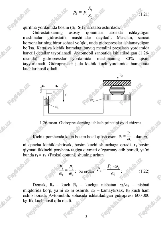 7-rasm. 1. kanal yo’li to’siq bilan berkitilgan. shu to’siqqa va shu yuzaga nisbatan bosim epyurasi chizilsin va gidrostatik bosim kuchi aniqlansin. epyura chizish uchun r h gidrostatik bosim kuchi = n ; - r v  o’siq kengligi 5 masala 1.28-rasm. trapetsoidal kanal uchun gidrostatik bosim kuchi aniqlansin kanal kengligi trapetsiya hamda trapetsiya yuzasi (1.28-rasmda) 2 1 2 ( )/2; =9810 n/mn v v   gidrostatik bosim kuchi r=n; kuch qo’yilish nuqtasi . =2/3 n;d du u masala 1.29-rasm. a, v va s nuqtalardagi gidrostatik bosim yoki ortiqcha bosim (1.29rasmda) topilsin. a ar gh ; s s r gh ; v vr gh . masala 1.30-rasm. suyuqlik yo’lidagi to’siq to’g’ri to’rtburchak shaklida. u erga nisbatan qiya 60 0 da joylashgan. agar suyuqlik balandligi =3 m h bo’lsa, gidrostatik bosim kuchi va uning qo’yilish nuqtasini topilsin. kush markr gh   ; xhv sin/ ; / 2; marh h -ud …