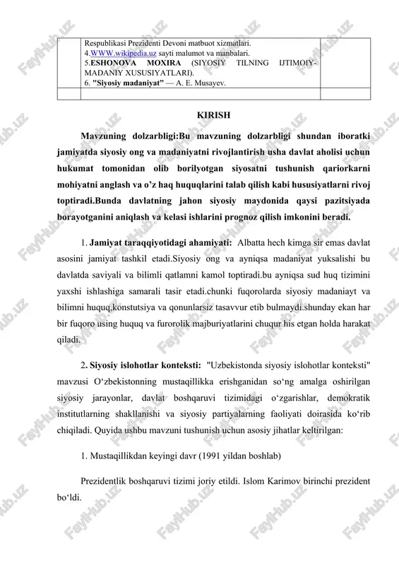 rqali jamoatchilik fikrining shakllanishi kuchaymoqda. 6. 2022 yil konstitutsiyaviy islohotlar konstitutsiyaning yangi tahriri qabul qilindi. prezident vakolatlari, inson huquqlari va erkinliklarini kengaytirishga doir normalar kuchaydi. 5. ilmiy va ta’limiy ahamiyati:siyosiy madaniyatni oshirish chora tadbirlari alabatta talim va tarbiya yoshlarga bodhidan berilgan tushunchalar orqali oshirish mumkin.maktablar kollejlar va oliy talim muassalarida ham siyosiy va huquqiy fanlarni o’tilishi jamiyatni yosh qatlamini siyosiy dunyo qarashini oshirish va bilimini kerakli darjada bulishi va zarurat darjasida tahlil va analiz qilish darjasida bulishi kerak. kurs ishining maqsadi. kurs ishining asosiy maqsadi bu mamlakatda siyosiy ongning qanchlik muhim hususiyat ekanligini ochib berish va uni nega kerak ekanligini va qanday rivojlantirish yullarini kurib chiqishdan iborat.shu bilan birga hukumat tomonidan jamiyat siyosiy ongini qay maqsadda qanday maqsadlar uchun rivojlantirishini kurib chiqishdan iborat. kurs ishining vazifalari. ushbu kurs ishining asosiy maqsadga yo‘naltirilgan vazifalari quyidagicha: -siyosiy madaniyat nima ekanligini kurib chiqish; -jamiyat ommaviy va siyosiy madaniyat aloqalarini tug’ri yunaltirish; -hukumat siyosatini …