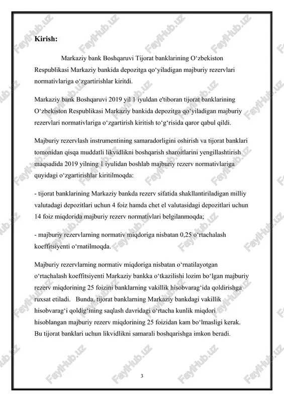 a bo‘lgan. tangalar bilan shug‘ullanuvchi va ayirboshlashni olib bora oladigan mutaxassislar o‘z ayirboshlash stollari bilan qizg‘in savdo ke tayotgan joylarda ish olib borishgan. shu bois, „bank“ so‘zi italyancha „banco“ – „ayirboshlovchining oldidagi stol“ degan ma’noni anglatuvchi so‘zdan kelib chiqqan. bunga o‘xshash operatsiyalar bundan ancha avvalgi davrlarda qadimgi gretsiya, rim, sharqda amalga oshirilar edi. pulni saqlash va ayirboshlash bo‘yicha operatsiyalar bilan shug‘ullanuvchi shaxslar yig‘ilgan boyliklar – pullar samarasiz, harakatsiz yotmasligi uchun mavjud mablag‘larning hech bo‘lmaganda bir qismini bo‘lsa ham vaqtinchalik foydalanishga berilsa, sezilarli foyda olish mumkinligini bilishar edi. shunday qilib, pullarni ma’lum muddatga qaytarish va foiz to‘lash shartlari bilan garov asosida beriladigan ssuda (kredit) operatsiyalari paydo bo‘lgan. bunda garov sifatida uylar, kemalar, qimmatbaho buyumlar, chorva mollari, qullar qabul qilingan. 1. bank va bank tizimining rivojlanish bosqichlari bir bank, aniqrog‘i, pulni saqlab beruvchi xizmatidan o‘zaro hisob-kitoblar bilan bog‘langan bir necha shaxslar foydalanishi mumkin bo‘lgani uchun, asta-sekin mijozlarga hisob-kitob xizmatini ko‘rsatish operatsiyalariga ehtiyoj …