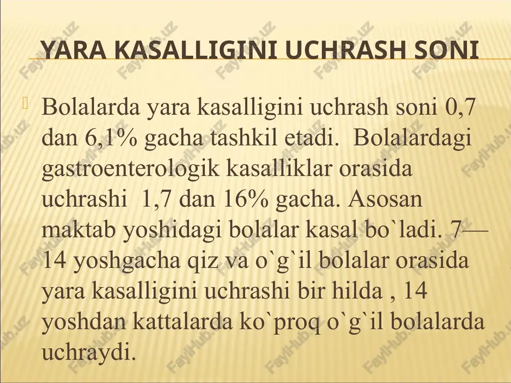 n bo`ladi (kech og`riqlar). 5.qusish yengillik keltiradi. yara kasaliggini tashxislash: 1. gasdroduodenoskopiya – yarani joylashishini, chuqurlugini, turini, asoratini aniqlaydi. 2. oshqozonni bariy sul`fati bilan rentgenologik tekshirish. 3. axlat yashirin qonga tekshirish. 4. oshqozon shirasini tekshirish. 5. umumiy qon va peshob tahlili. 6. xelikobakter pilorini aniqlash uchun ureaz test. 12 barmoq ichakni tekshirish 12 barmoq ichak yarasi 12 barmoq ichak yarasi oshqozon yarasi oshqozon rentgeni, nisha simptomi, kichik egrilikning chuqur yarasi. oshqozon yoki 12 barmoq ichakdagi chuqurlikni bariy bilan to`lishi natijasida nisha xosil bo`ladi. yarani joylashishi va o`lchami. 12 barmoqli ichakni piyozchasida - 81%. oshqozonning piloroantral bo`limida - 3% o`lchami: kichik – diametri 0,5 sm gacha, o`rta –0,5 sm dan 1 sm gacha, katta – 1 sm dan 2 sm gacha va gigant yara - 2 sm oshiq. bolalarda h.pylorini tashxisot algoritmi yara kasalligini asoratlari: 3% bolalarda kasallik boshlanishi asorat belgilari bilan. 1.qon ketish. 2.perforasiya. 3.penetrasiya. 4.malignizasiya. 5.stenozlashishi. 6.reaktiv gepatit. 7.reaktiv …