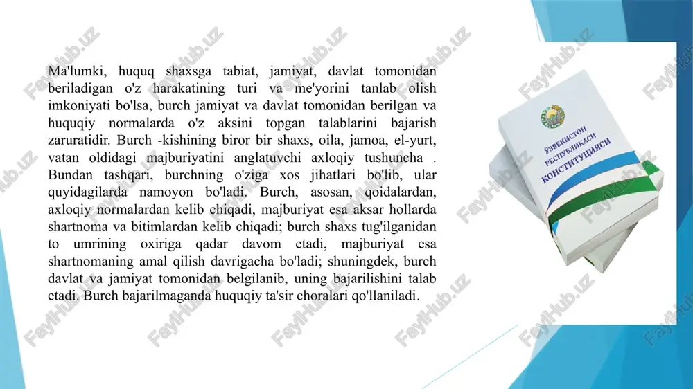 kiston respublikasi konstitutsiyasining 60-moddasida esa bu burch yanada aniqlashtirilgan va doirasi kengaytirilgan. unga asosan, "fuqarolar konstitutsiya va qonunlarga rioya etishga, boshqa kishilarning huquqlari, erkinliklari, sha'ni va qadr-qimmatini hurmat qilishga majburdirlar" shu sababli, konstitutsiya va qonunlarga rioya etish burchi huquqiy munosabatlarning barcha sub’ektlari uchun umumiy talabdir. bosh qomusimiz va qonunlarga rioya qilmaslik davlat tomonidan belgilangan qoidalarning buzilishiga, inson sha’ni va qadr-qimmati toptalishiga olib kelishi, o‘z navbatida, javobgarlik masalasiga ham sabab bo‘lishi mumkin. bosh qomusimizning 61-moddasida tarixiy, ma’naviy, madaniy, ilmiy va tabiiy meros muhofazasi ushbu fuqarolar burchi bilan bir qatorda, davlat tomonidan ham amalga oshirilishi belgilangan. insoniyatning omon qolishi uchun tabiatning buzilishi, havo, yer va suvning ifloslanishidan kattaroq xavf yo‘q. shu munosabat bilan atrof-muhitni asrash jahon hamjamiyati tomonidan nafaqat har bir davlatning, balki sayyoramizdagi har bir insonning, ya’ni tabiat asosiy “iste’molchisi”ning birlamchi vazifasi va burchi sifatida e’tirof etilib, konstitutsiyaviy darajada fuqarolarning asosiy burchlaridan biri bo‘lib belgilangan. asosiy qonundagi fuqarolarning konsitutsiyaviy burchlardan biri …