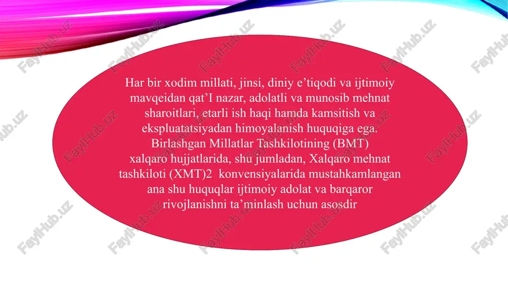 ilgi uch tomonlama maslahatlashuvlar (xalqaro mehnat standartlari) to‘g‘risidagi konvensiya (144-son). boshqa barcha konvensiyalar xalqaro mehnat tashkilotining o‘zi tomonidan texnik deb tasniflanadi, lekin bu ularning ahamiyatini kamaytirmaydi. xalqaro mehnat normalari milliy mehnat qonunchiligi va siyosatini ishlab chiqishda, sud amaliyotida, jamoaviy bitimlarni ishlab chiqishda muhim rol o‘ynaydi. ma’lum bir mamlakat u yoki bu konvensiyani ratifikatsiya qilganligidan qat’i nazar, ulardagi normalar milliy institutlar va tuzilmalar faoliyatida hamda mehnat masalalarini boshqarish amaliyotida qo‘llanma bo‘lib xizmat qiladi. shunday qilib, xalqaro mehnat normalari milliy huquqni qo‘llash amaliyotiga ham, qonunchilikka ham ta’sir qiladi, bunda ish faqat uni ratifikatsiya qilingan konvensiya qoidalariga muvofiqlashtirish bilan cheklanmaydi. xmt doimiy ravishda xalqaro mehnat normalarining qo‘llanilishi bo‘yicha monitoring olib boradi. har bir a’zo-davlat o‘zi ratifikatsiya qilgan har bir konvensiya qoidalarining hayotga tatbiq etilishi bo‘yicha ko‘rilgan qonunchilik va amaliy choralar to‘g‘risida muntazam ravishda ma’ruza taqdim etib borishga majburdir. o‘zbekiston respublikasi 73 ta konvensiyani imzolagan va xalqaro mehnat tashkilotining milliy qonunchilikka muvaffaqiyatli implementatsiya qilinayotgan …