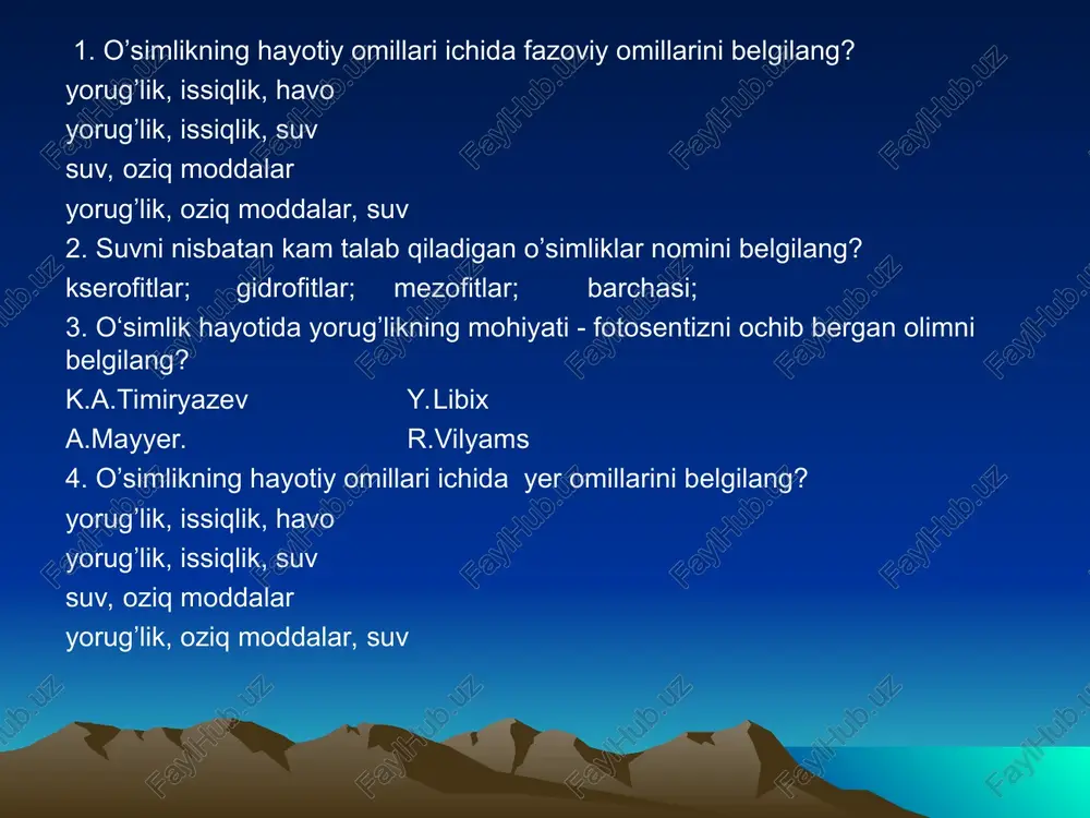 riga boʼlgan talabi boʼyicha minimal, optimal va maksimal meʼyorlarni belgilash mumkin. oʼsimlik hayot omillarining teng ahamiyatliligi va almashtirib boʼlmaslik qonunini v.r.vilyams oʼsimlik hayot omillarining teng ahamiyatliligi va almashtirib boʼlmaslik qonunini bayon etdi. hamma hayot omillari teng ahamiyatga ega, yaʼni birini oʼrnini ikkinchisi bosa olmaydi. hayot omillarini birgalikda taʼsir etish qonuni libsher xix asrda hayot omillarini birgalikda taʼsir etish qonunini quyidagicha taʼrifladi, yaʼni "oʼsimlik boshqa omillar bilan qanchalik optimal meʼyorda taʼminlangan boʼlsa, u minimumda turgan faktordan shuncha samarali foydalanadi". dehqonchilik tizimi haqida umumiy tushunchalar. qishloq xoʼjalik ekinlaridan maksimal hosil olishga imkon beradigan darajadagi tuproq unumdorligiga erishish va uni saqlashga qaratilgan agrotexnik, meliorativ hamda tashkiliy xoʼjalik tadbirlar majmuasiga dehqonchilik tizimi deyiladi. tarixiy taraqqiyot davrida dehqonchilik tizimini oʼzgarishi ishlab-chiqarish kuchlarining rivojlanish darajasi va kishilik jamiyatining ijtimoiy-iqtisodiy munosabatiga qarab sodir boʼlgan. shuning uchun dehqonchilik tizimi muayyan sharoitda progressiv boʼlib, ijtimoiy iqtisodiy munosabatlar oʼzgarishi bilan kelgusida qoloqlashib qoladi va keyinchalik birmuncha progressiv dshqonchilik tizimi bilan …