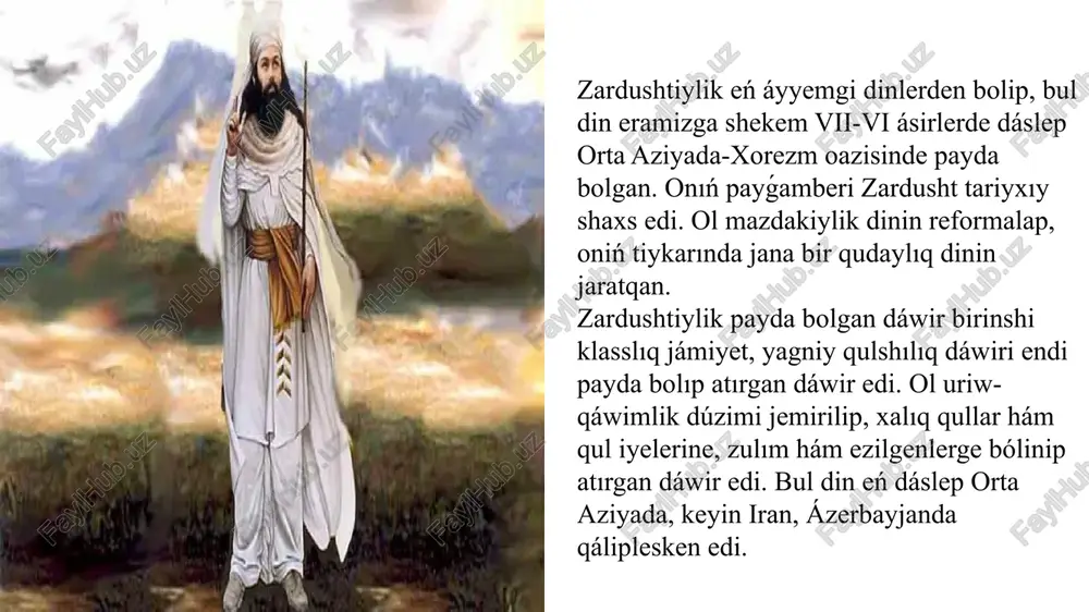 moniyler, arshakiyler hám sasaniyler dáwirinde, yaǵnıy b.e.sh. xi ásirden b.e.sh. xii ásirge shekem izbe-iz áyne jaqın hám orta shigista mámleketlik din dárejesinde bolgan. ekinshisi, "shigis teoriyası" bolip, ogan kóre, zardusht watanı hám zardushtiyliktiń dáslepki tarqalgan jeri xorezm esaplanadı. kópshilik derek tanıwshılar ekinshi teoriya tárepdarları esaplanadı. xorezm zardushtiyliktiń muqaddes jalını azarxurra birinshi márte jaģilgan hám eń ullı quday - axura-mazdanıń zardusht penen baylanısqan orni esaplanadı. zardushtiyliktiń tiykargı deregi avestoda: "birinshi márte muqaddes jalın - "ozarxurra" "airyanem-vaeja" (ayırım dereklerde - "eran-vej") da jaģıldı," delinedi. zardushtiylik táliymatı. zardushtiylik táliymatı oraylıq aziyada áyyemgi dáwirde bar bolgan tábiyat kúshlerin qudaylastırıwshı isenimlerge (oraylıq aziya áyyemgi xalqının "eski dini"ne) salıstırģanda monoteistlik táliymat bolip tabıladı. ol biykarǵa qan tógiwshi qurbanlar, áskeriy soqlıǵısıwlar, basqınshılıq urısların qaralap, otırıqshı, tınısh turmıs keshiriwge, miynetke, diyqanshılıq, sharwashılıq penen shuǵıllanıwǵa shaqıradı. materiallıq turmıstı jaqsılawǵa urınıwdı jawızlıqqa qarsı gúres dep esaplaydı. zardushtiylik dininde tıń jer ashıp, onı baǵ-baqshaǵa aylandırǵan adam ilahiyat raxmetine ushiraydı. kerisinshe, baǵlardı, …