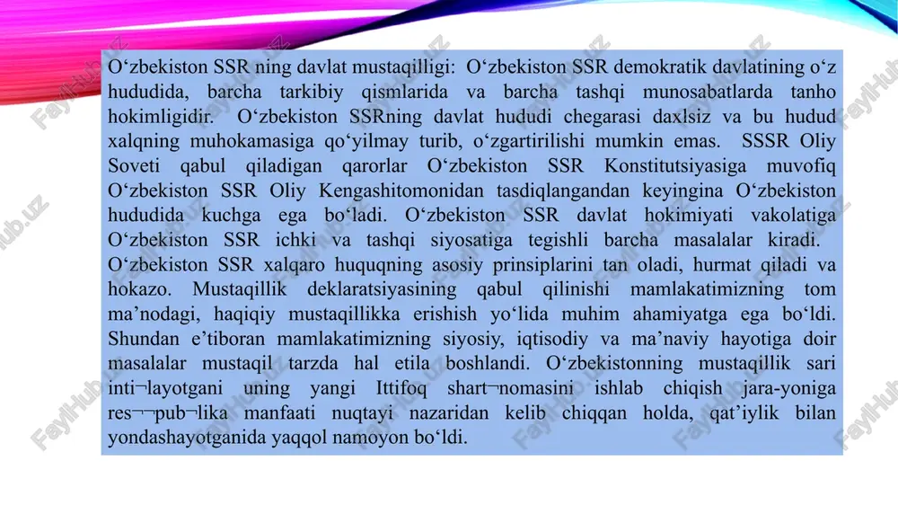 rlash ishlari boshlandi. oradan bir oy o‘tib, ya’ni 1990-yil avgust oyida ittifoqni yangilash dasturi ishlab chiqildi. 1991-yil yozida markaz va respublikalar o‘rtasida siyosiy munosabatlar nihoyatda keskin tus oldi. respublika rahbarlari o‘z vakolatlarini kengaytirish, markazning hokimiyatini cheklash tarafdori edilar. shu maqsadda 1991-yil iyul oyining oxirlarida novo-ogoryovoda markaziy hokimiyat vakillari hamda respublika rahbarlari ishtirokida muzokaralar o‘tkazildi. uchrashuv natijasida barcha tomonlarni qanoatlantiradigan “mustaqil davlatlar ittifoqi to‘g‘risida shartnoma” loyihasi ishlab chiqildi. mazkur shartnomani imzolash 1991-yil 20-avgustga belgilandi. biroq ayni shu paytda sssr prezidenti m. s. gorbachyov dam olish uchun forosga (qrim) yo‘l olgan edi. shu holatdan foydalanmoqchi bo‘lgan markaziy hokimiyatdagi konservativ kuchlar mamlakatdagi demokratik islohotlarga qarshi chiqib, davlat to‘ntarishi uyushtirishga urindilar. 1991-yil 18-avgustda fitnachilar tomonidan “sovet rahbariyatining bayonoti” tayyorlanib, 19-avgust kuni matbuotda e’lon qilindi. unda gorbachyovning sog‘ligi yomonlashgani va u prezidentlik vazifasini bajara olmasligi haqida soxta axborot tarqatildi. prezident vakolatlari vitse-prezident g. i. yanayevga o‘tkazilgani e’lon qilindi. aslida esa m. s. gorbachyov sog‘lom edi, …