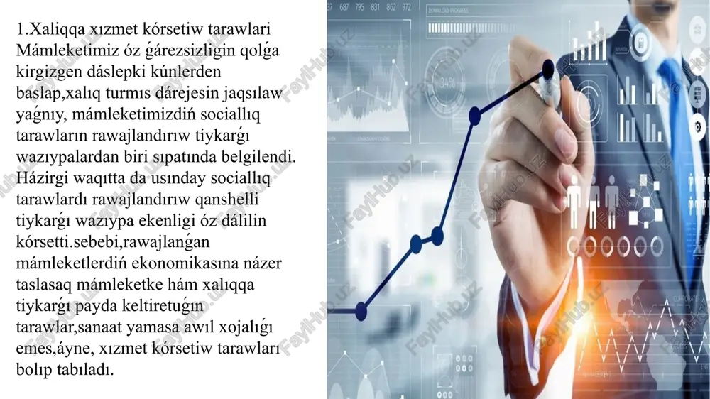 diriw tarawına investiciya kirgiziwde joqarıdaǵı wálayatlardı birinshi gezekte esapqa alıw hám oylaw maqsetke muwapıq boladı. 7 2.xizmet kórsetiw tarawiniń qurami. tálim tarawındaǵı xızmetlerdiń kólemi eń tómen wálayatlarǵa sırdárya wálayatı,nawayı wálayatı,jizzaq wálayatları kiredi.bul wálayatlarda xalıq sanı da eń tómen salamatlıqqa iye. bul wálayatlar bilimlendiriw tarawına tartılǵan investiciyalardı kóp talap etpeydi.densawlıqtı saqlaw tarawındaǵı ulıwma xızmetler kóleminiń aymaqlar kesimindegi úlesin wálayatlar boyınsha salıstırsaq eń joqarı kólemdegi xizmetler: tashkent qalası,tashkent wálayatı,fergana wálayatı,samarqand wálayatı,ándijan wálayatı,namangan wálayatlarında joqarı ekenligine gúwa bolamız. 8 bul da álbette xalıq sanı menen baylanıslı,densawlıqtı saqlaw tarawındaǵı xızmetler kólemi eń az bolǵan wálayatlar sırdárya wálayatı,qaraqalpaqstan respublikası,nawayı wálayatı,jizzaq wálayatları bolıp turıptı.sebebi bul wálayatlarda xalıqtıń sanı tómen kórsetkishke iye. qaraqalpaqstannrespublikamızda aralboyı mashqalası sebepli kóp kesellikler kelip shıqqan bolıwına qaramastan densawlıqtı saqlaw tarawındaǵı xızmetler tómen rawajlanǵan sebebi, qaraqalpaqstan respublikasında xalıq sanı az 9 házirgi waqıtta qaraqalpaqstan respublikasında 1 948 496 adam jasap atır,bul san boyınsha respublikada 10-sanlı orında turıptı.mámleketimizde densawlıqtı saqlaw tarawındaǵı xızmetler kólemi boyınsha …