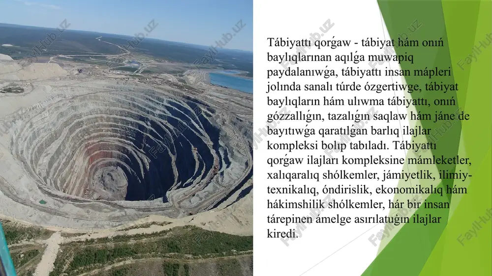 qta. insannıń tábiyatqa tásiri kúsheyiwi menen, antropogen landshaftlar kóbeymekte. haywanat hám ósimlik dúnyasınan rejsiz paydalanıw yaki insan iskerligi menen baylanıslı basqa sebepler sebepli xvi ásirdiń aqırlarınan xx ásirdiń 70-jıllarına shekem omirtqalı haywanlardıń 250 túri hám kishi túrleri pútkilley joq bolip ketti. 1980-jillardan baslap hár jılı ortasha 1 haywan túri hám 50 ge jaqın ósimlik túri joq bolip barmaqta.quslar hám sút emiziwshilerdiń 1000 nan aslam túri joq bolıp ketiw aldında tur. jıl dawamında 1 milliard tonna janılǵı jaǵıladı,atmosferaǵa júz millionlap tonna azot oksidi,kúkirt, uglerod, qurım, shań hám basqalar shıǵarıladı. topıraq hám suwlar sanaat hám turmıslıq shıǵındılar (bir neshe milliard tonna), neft ónimleri (bir neshe million tonna), mineral tóginler (júz million tonnaǵa jaqın), awır metallar, radioaktiv shıǵındılar menen pataslanadı. insan tábiyiy sharayat hám baylıqlardan kóp maqsetlerde paydalanadı. bul bolsa, sonıń menen birge, tábiyattı tiyisli dárejede qorǵawdı da talap etedi. bular: xojalıq, densawlıqtı saqlaw hám gigiena, gózzallıq (estetikalıq), turizm, ilimiy hám tárbiyalıq maqsetke …
