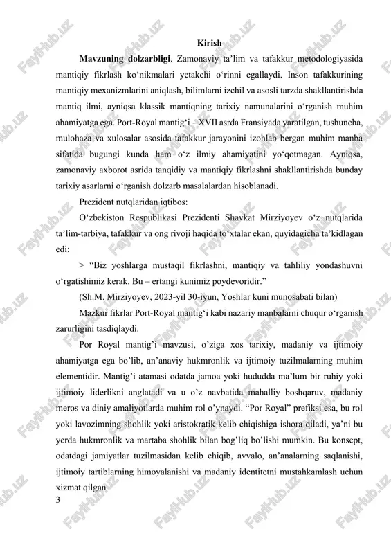 nday shakllanganini aniqlashga qaratilgan. bu borada, avvalo, uning tarixiy ildizlari, an’analardagi o’rni va zamonaviy jamiyatdagi holati tahlil qilinadi. bundan tashqari, ushbu konseptning strukturasi va tushunchalariga doir metodik yondashuvlar ishlab chiqiladi, bu esa, uni aniqroq tushunishga yordam beradi. shuningdek, bu tadqiqot, por royal mantig’ining kelajakdagi rivojlanishi va uni saqlash, rivojlantirish yo’llarini aniqlashga ham qaratiladi. ushbu izlanishning muhimligi, uning madaniy merosni saqlash, mahalliy madaniyat va an’analarning davomiyligini ta’minlashdagi roli bilan bog’liq. u, shuningdek, madaniy diplomatiya va mahalliy huquqiy tizimlarda ham muhim ahamiyat kasb etadi. zamonaviy dunyoda an’anaviy rol va lavozimlarning yo’qolib borishi yoki o’zgarishi muammosini hal qilish uchun, por royal mantig’i kabi konseptlarni to’liq va aniq tushunish va hujjatlashtirish zarur. bu esa, o’z navbatida, madaniyatlararo muloqotni rivojlantirish va mahalliy huquqiy hamda madaniy huquqlarni himoya qilishda muhim qadam bo’ladi. shu bilan birga, ushbu yozuvda, por royal mantig’i konseptining yaratilishi, uning tuzilishi va tushunchalarini keng yoritishga harakat qilinadi. yozuv, mavzuning tarixiy rivojlanishi, uning ijtimoiy …