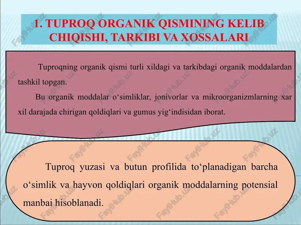 kam birikkan holatdadir. tuproq gumusi tarkibi singa * 1) gumin kislotaning elementar tarkibi: c – 50-62 %, h – 2,8-6,6 %, o – 31-40 %, n – 3-6 %. 2) fulvokislotaning tarkibi: c – 41-46 %, h – 4-5 %, o – 40-48 %, n – 2-4 %. tuproqdagi gumus miqdoriga ko‘ra barcha tuproqlar shartli ravishda quyidagi guruhlarga bo‘linadi: 1. gumussiz - 30 %. singa * tuproq tipi 0-20 sm qatlamda, t/ga 0-100 sm qatlamda t/ga maksimalga nisbatan, % podzol 53 99 13 o’rmon-dasht podzollashgan tuproqlar 109 215 30 qora tuproqlar a) ishqorsizlangan 192 549 70 b) tipik 224 709 100 v) oddiy 137 426 60 to’q tusli kashtan 99 229 32 bo’z 37 82 11 tuproqning o‘simliklarni o‘sishi va rivojlanishi uchun zarur suv, oziq elementlari va boshqa barcha shart–sharoitlar bilan ta’minlay olish qobiliyatiga tuproq unumdorligi deyiladi. tuproq unumdorligining elementlari (omillari) va shart-sharoitlari ajratiladi. tuproq unumdorligi elementlariga oziq moddalarning o‘simlik …