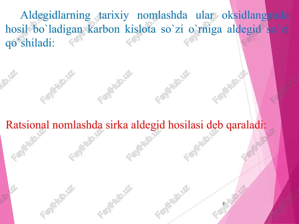 ssalari o-nukleofillarning birikishi ‹#› kimyoviy xossalari ishqoriy muhitda: ‹#› nitrozirlash. nitrit kislota ta’sirida oksobirikmaning α-vodorod atomi nitrozoguruh (-n=o) ga almashinadi: ‹#› spirtlarning birikishi. aldegidlarga spirtlarning birikishidan yarimatsetallar hosil bo‘ladi: ‹#› aldol-kroton kondensatlanishi. aldegid va ketonlar ishqoriy va kislotali muhitda aldol kondensatlanishga kirishadi: aldol kondensatlanishi mahsulotlarining yuqori haroratda degitratlanishidan α,β-to‘yinmagan oksobirikmalar hosil bo‘ladi: ‹#› ammiak va ammiak hosilalarining birikishi. aldegidlar ammiak ta’sirida aldegidammiak (gidroksiamin)larning hosil bo‘lish bosqichi orqali aldiminlarga aylanadi: chumoli aldegid ammiak ta’sirida geksametilentetra-ammin (urotropin) ga aylanadi (a.m. butlerov): ‹#› qaytarilish reaksiyalari. katalitik gidrogenlaganda aldegidlardan birlamchi, ketonlardan ikkilamchi spirtlar hosil bo‘ladi ‹#› oksidlanish reaksiyalari. aldegidlar kumush oksidning ammiakdagi eritmasi (tollens reagenti) va mis(ii)-gidroksid singari kuchsiz oksidlovchilar ta’sirida ham oksidlanish qobiliyatiga ega. image1.png image2.png image3.png image4.png image5.png image6.png image7.png image8.png image9.png image10.png image11.png image12.png image13.png image14.png image15.png image16.png image17.png image18.png image19.png image20.png image21.png image22.png image23.png image24.png image25.png image26.png image27.png image28.png image29.png