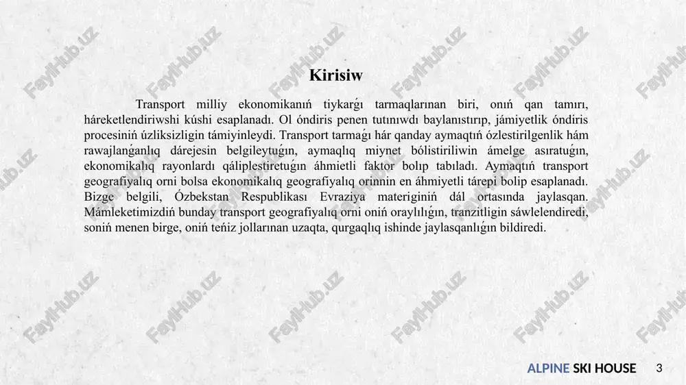 ,4% in quraǵan. bul kórsetkish 2010-2022-jıllar aralıǵında 154,8 mıń tonna-km yamasa 92,1 ge kóbeydi. tasılǵan júktiń azayǵanın esapqa alsaq, júk aylanısınıń kóbeyiwin júk tasıwdıń ortasha aralıǵı sezilerli dárejede óskeni menen túsindiriw múmkin. alpine ski house 8 ózbekstannıń tiykargı sırtqı ekonomikalıq baylanıslarınıń kórsetkishleri. dúnyanıń barlıq mámleketleri sıyaqlı, ózbekstan respublikası xalıqaralıq ekonomikalıq qatnasıqlarda belsene qatnasadı. basqa mámleketler menen ámelge asırılatuģın ekonomikalıq qatnasıqlar sisteması sırtqı ekonomikalıq baylanıslar dep ataladı. sırtqı ekonomikalıq baylanıslardıń eń áhmiyetli quram bólegi sırtqı sawda esaplanadı. alpine ski house 9 juwmaqlaw transport tarmaǵı hár qanday aymaqtıń ózlestirilgenlik hám rawajlanǵanlıq dárejesin belgileytuǵın, aymaqlıq miynet bólistiriliwin ámelge asıratuǵın, ekonomikalıq rayonlardı qáliplestiretuǵın áhmietli faktor bolıp tabıladı. aymaqtıń transport geografiyalıq orni bolsa ekonomikalıq geografiyalıq orinnin en áhmiyetli tárepi bolip esaplanadı. bizge belgili, ózbekstan respublikası evraziya materiginiń dál ortasında jaylasqan. mámleketimizdiń bunday transport geografiyalıq orni oniń oraylılıǵın, tranzitligin sáwlelendiredi, soniń menen birge, oniń teńiz jollarınan uzaqta, qurgaqlıq ishinde jaylasqanlıǵın bildiredi. alpine ski house 10 paydalanılǵan …