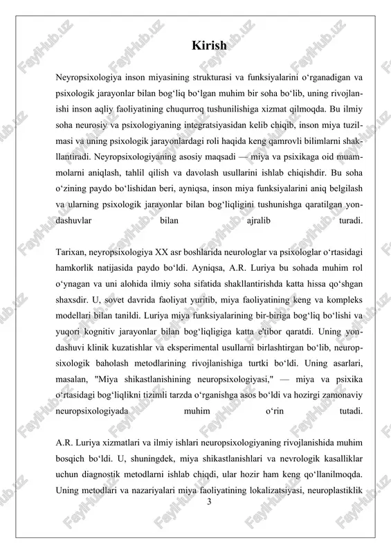 trukturalari va funksiyalarining inson xulq-atvori va psixologik jarayonlar bilan bog‘liqligini o‘rganadigan fan bo‘lib, uning rivojlanishi neurologlar va psixologlar o‘rtasidagi hamkorlik bilan yuzaga kelgan. bu soha miya va xulq-atvor o‘rtasidagi bog‘liqlikni chuqurroq tushunishga imkon beradigan nazariyalar va metodlarni ishlab chiqish bilan bog‘liq. a.r. luriyaning neuropsychologiyadagi xizmatlari uning ilmiy faoliyati va amaliy ishlarida muhim o‘rin tutadi. u neuropsixologiyaning rivojlanishiga katta hissa qo‘shgan, ayniqsa, miya jarohatlari va nevrologik kasalliklar bilan bog‘liq diagnostika va reabilitatsiya metodlarini yaratishda muvaffaqiyatlarga erishgan. luriyaning asosiy yutuqlaridan biri uning miya funksiyalarining lokalizatsiyasi va undan kelib chiqadigan kognitiv jarayonlarning o‘zaro bog‘liqligini tushuntirishga qaratilgan konseptual modeli bo‘ldi. u, shuningdek, klinik kuzatishlar va tajribaviy metodlarni birlashtirib, neuropsixologik baholash texnikalarini ishlab chiqdi. luriyaning yondashuvi, ayniqsa, miya va uning faoliyatini holistik tarzda tushunishga qaratilgan bo‘lib, bu uning diagnostik va reabilitatsiya usullarida muhim asos bo‘ldi. u miya va miyaning turli qismlari qanday funksiyalarni bajarishini aniqlash uchun o‘tkazilgan eksperimental va klinik kuzatishlarni keng qo‘llagan. bu yondashuv, …