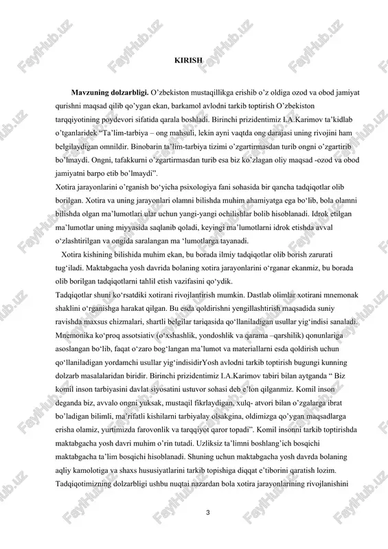 ariy asoslari tadqiqotning metodologik asosi bo’lib hizmat qiladi. kurs ishi maqsadi: xotiraning ta’lim jarayoniga ta’sirini o‘rganishdan iborat. kurs ishi vazifalari: 1. xotira tushunchasining mohiyatini ochib berish; 1. xotiraning olimlar tomonidan taklif etilgan turlarini tasniflash; 1. xotiraning rivojlanish jarayonini o‘rganish. kurs ishi predmeti: xotiraning ta’lim jarayoniga ta’siri kurs ishi ob’ekti: mirzo ulug`bek nomidagi o`zbekiston milliy universitetining amaliy psixologiya yo`nalishining 60 nafar talabalari kurs ishi metodologiyasi va metodlari:tadqiqotda zamonaviy psixodiagnostik metodikalar va metodlar asosida xotirani ta’lim jarayoniga ta’sirini, va ularni amaliyotda qo’llash imkoniyatlarini tahlil qilish. nazariy ahamiyati: psixologik adabiyotlar asosida xotira tushunchasining nazariy asoslari chuqur tahlil qilinadi. amaliy ahamiyati: olingan natijalar asosida talabalar uchun xotira jarayoniga mos psixologik tavsiyalar ishlab chiqildi. kurs ishi tuzilishi va hajmi: 37 betdan iborat bo‘lib, ular: kirish qismi, uch bob, sakkizta paragraf, xulosa, glossariy, adabiyotlar ro‘yxatini tashkil etadi. i bob. xotiraning umumiy tavsifi 1.1 xotira haqida tushuncha xotira biz ilgari idrok qilgan, boshdan kechirgan va bajargan ishlarimizni …