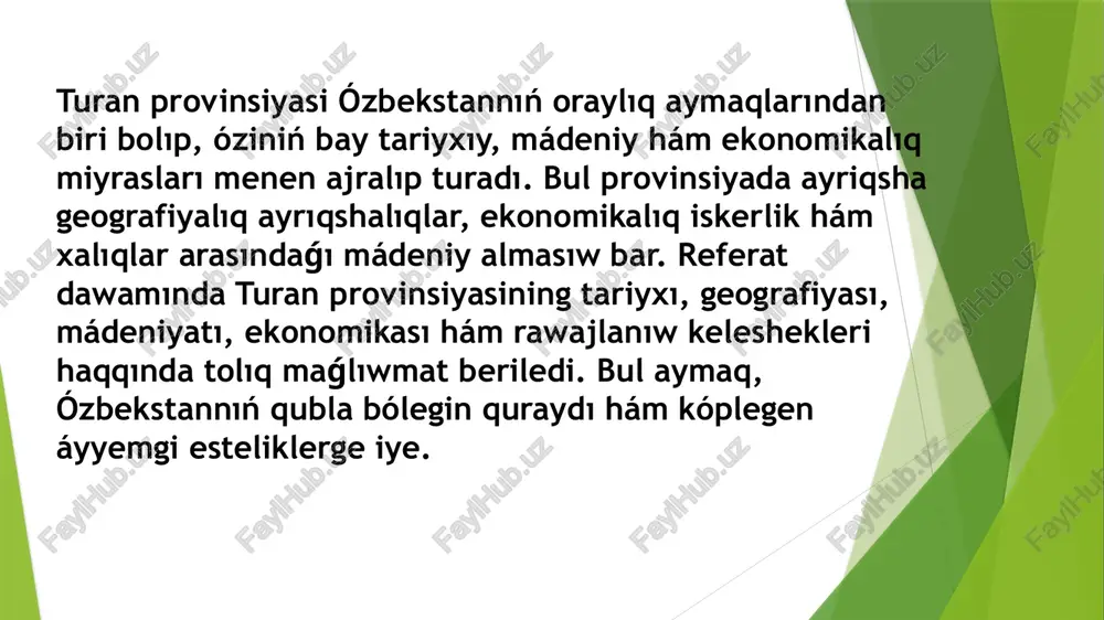 l oynaydı. jizzax wálayatınıń socialliq ómiri de rawajlanıp barıp atır, bul jerde kóplegen tálim mákemeleri hám mádeniy oraylar bar. samarqand wálayatı turan provinsiyasining zárúrli tariyxıy hám mádeniy oraylarınan biri bolıp tabıladı. samarqand qalası dúnyaǵa ataqlı bolıp, bul jerde kóplegen tariyxıy estelikler hám estelikler bar. samarqand wálayatınıń ekonomikası awıl xojalıǵı, ásirese paxta hám mıywe-palız eginleri jetistiriwge tiykarlanǵan. nawayi wálayatı turan provinsiyasining oraylıq bóleginde jaylasqan. bul wálayattıń áhmiyeti kútá úlken, sebebi ol ózbekstannıń eń iri sanaat oraylarınan biri bolıp tabıladı. nawayiwálayatı júdá bay tábiyiy resurslarǵa iye, ásirese, estelikler, mıs hám altın kánleri menen ataqlı. ekonomikalıq tárepten bul jerde tiykarlanıp sanaat, qazıp alıw, hám awıl xojalıǵı rawajlanǵan. nawayi qalasında sanaat zavodları, qurılıs materialları hám energetika tarawlarında úlken islep shıǵarıw quwatları bar. tashkent wálayatınıń qubla bólegindegi okruglar turan provinsiyasining ayırım aymaqlarına kiredi. bul jerde awıl xojalıǵı, paxta, g'alla hám sharbashılıq tarmaqları rawajlanǵan. tashkent wálayatınıń bul bólimleri turizm, sawda hám sanaattı rawajlandırıw ushın múmkinshiliklerge iye. …
